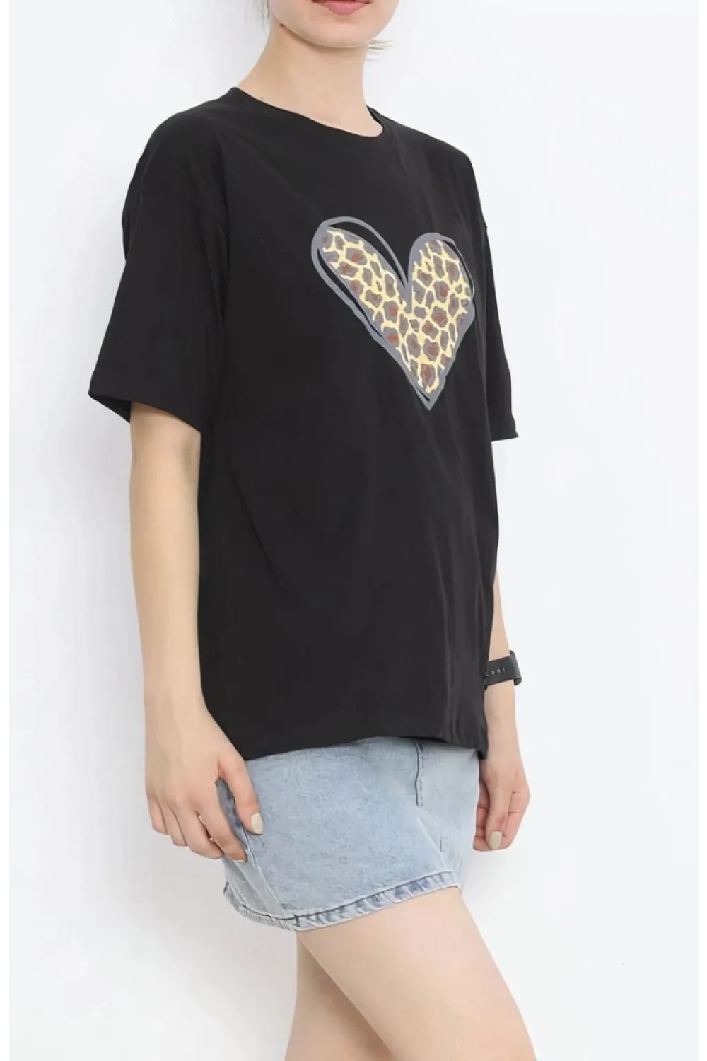 14 Şubat Sevgililer Günü Leopar Kalp Baskılı Oversize Bisiklet Yaka T-shirt - Siyah