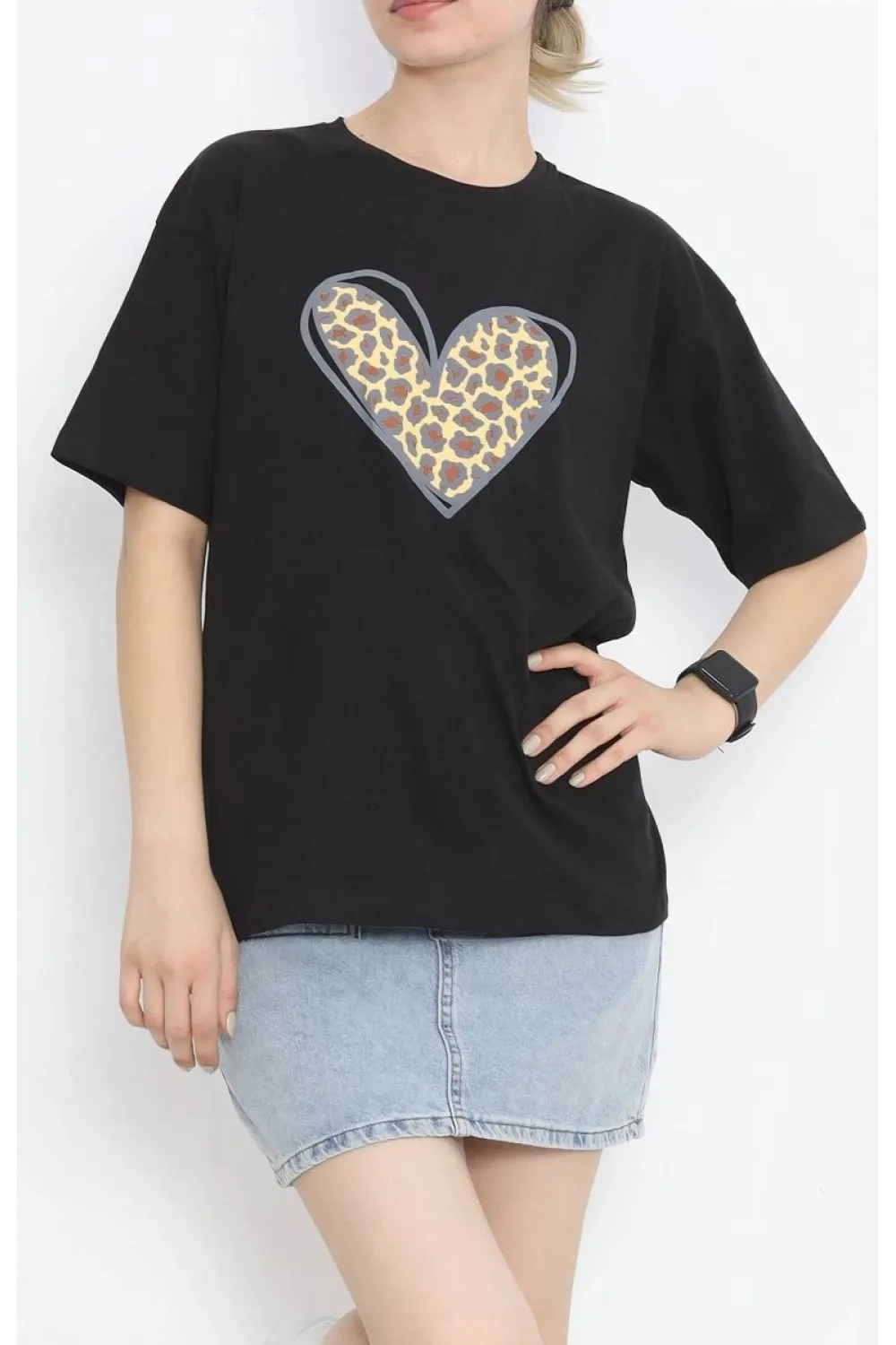 14 Şubat Sevgililer Günü Leopar Kalp Baskılı Oversize Bisiklet Yaka T-shirt - Siyah