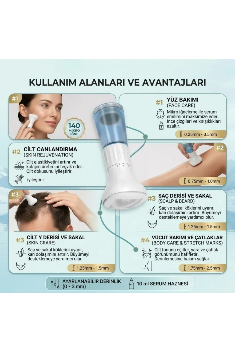 140 İğneli Serum Hazneli Dermaroller – 0-3 mm Ayarlı Dermaroller Mikro İğneli Saç, Cilt ve Vücut Bakım Aparatı