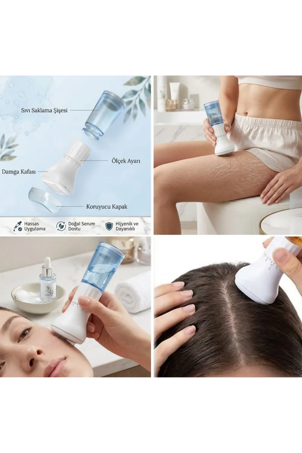 140 İğneli Serum Hazneli Dermaroller – 0-3 mm Ayarlı Dermaroller Mikro İğneli Saç, Cilt ve Vücut Bakım Aparatı