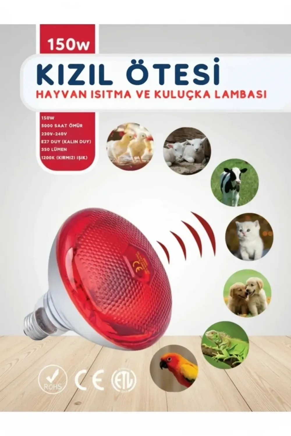 150W Kızılötesi (infrared) Isıtıcılı Hayvan Isıtma ve Kuluçka Lambası (Kırmızı Işık) E27 (Kalın Duy)