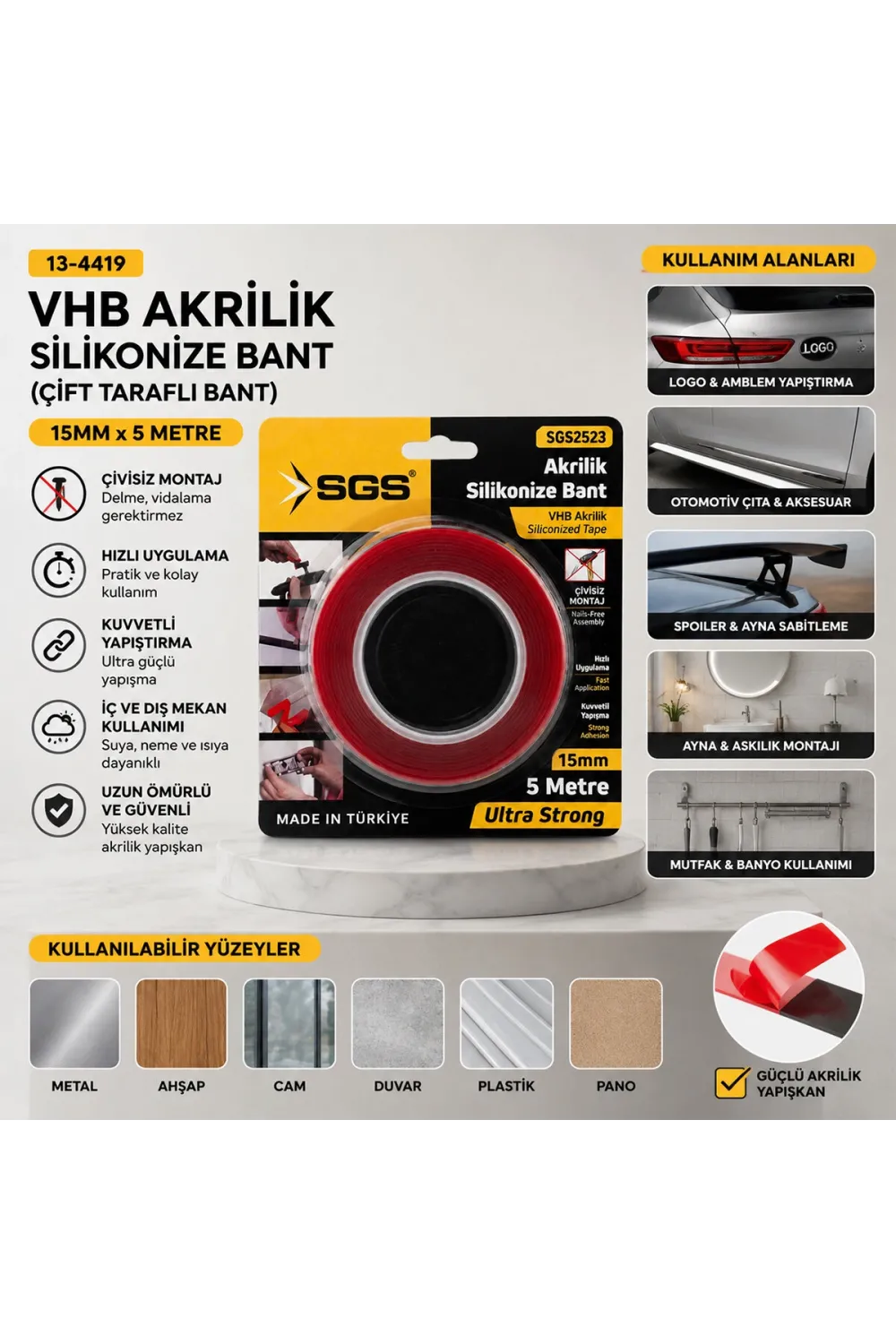 15mmx5yrd Vhb Akrilik Silikonize Bant Çift Taraflı Bant