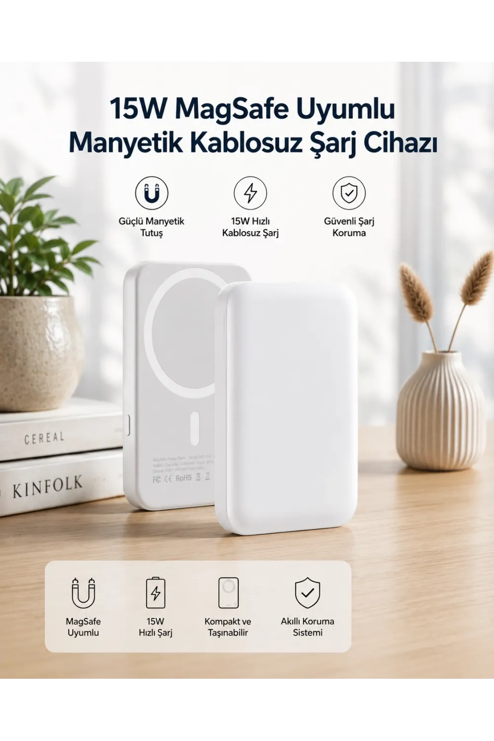 15w Magsafe Uyumlu Manyetik Kablosuz Powerbank 5000 Mah