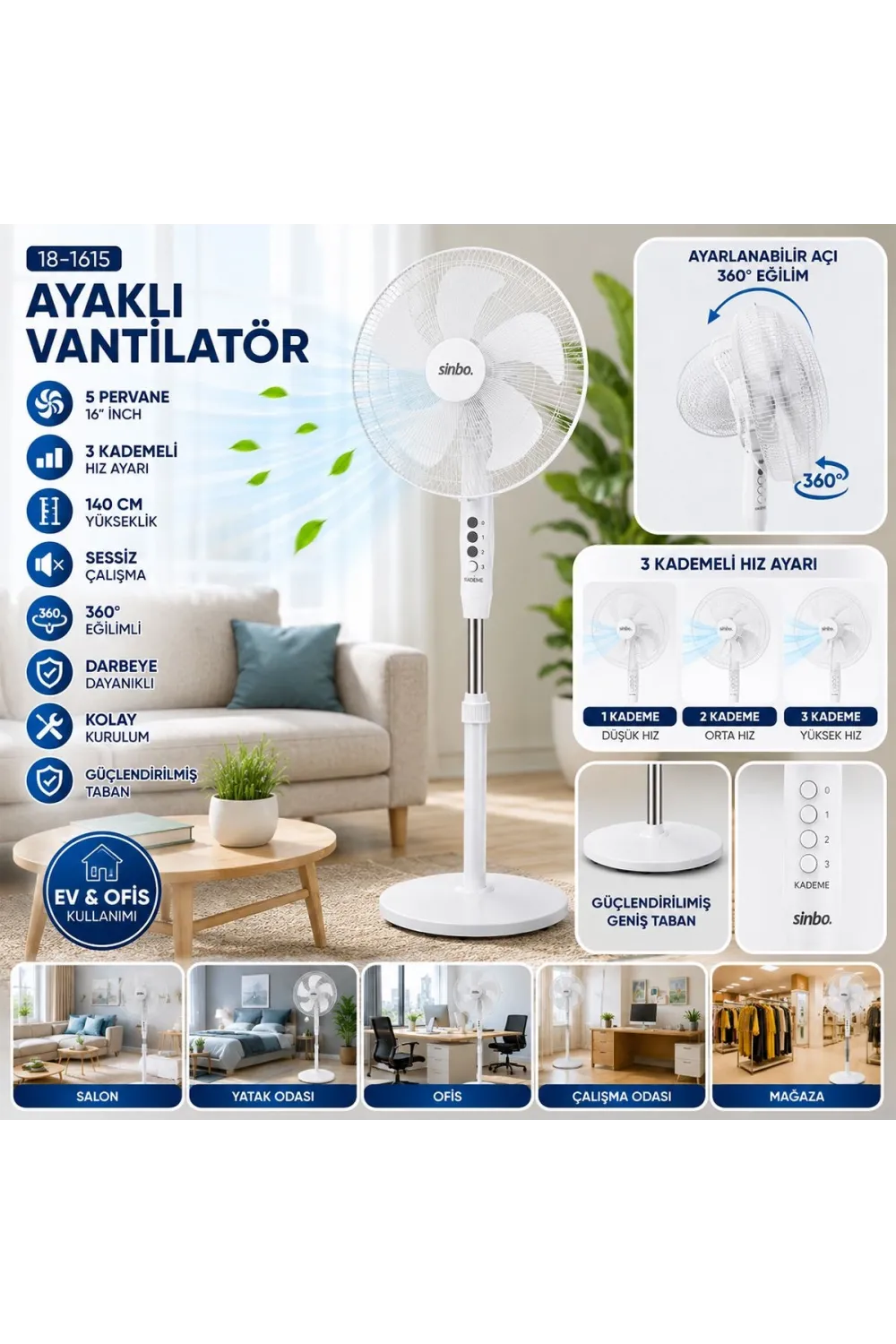 16 5 Pervaneli Ayaklı Vantilatör - Sessiz, 140 cm, 3 Kademe