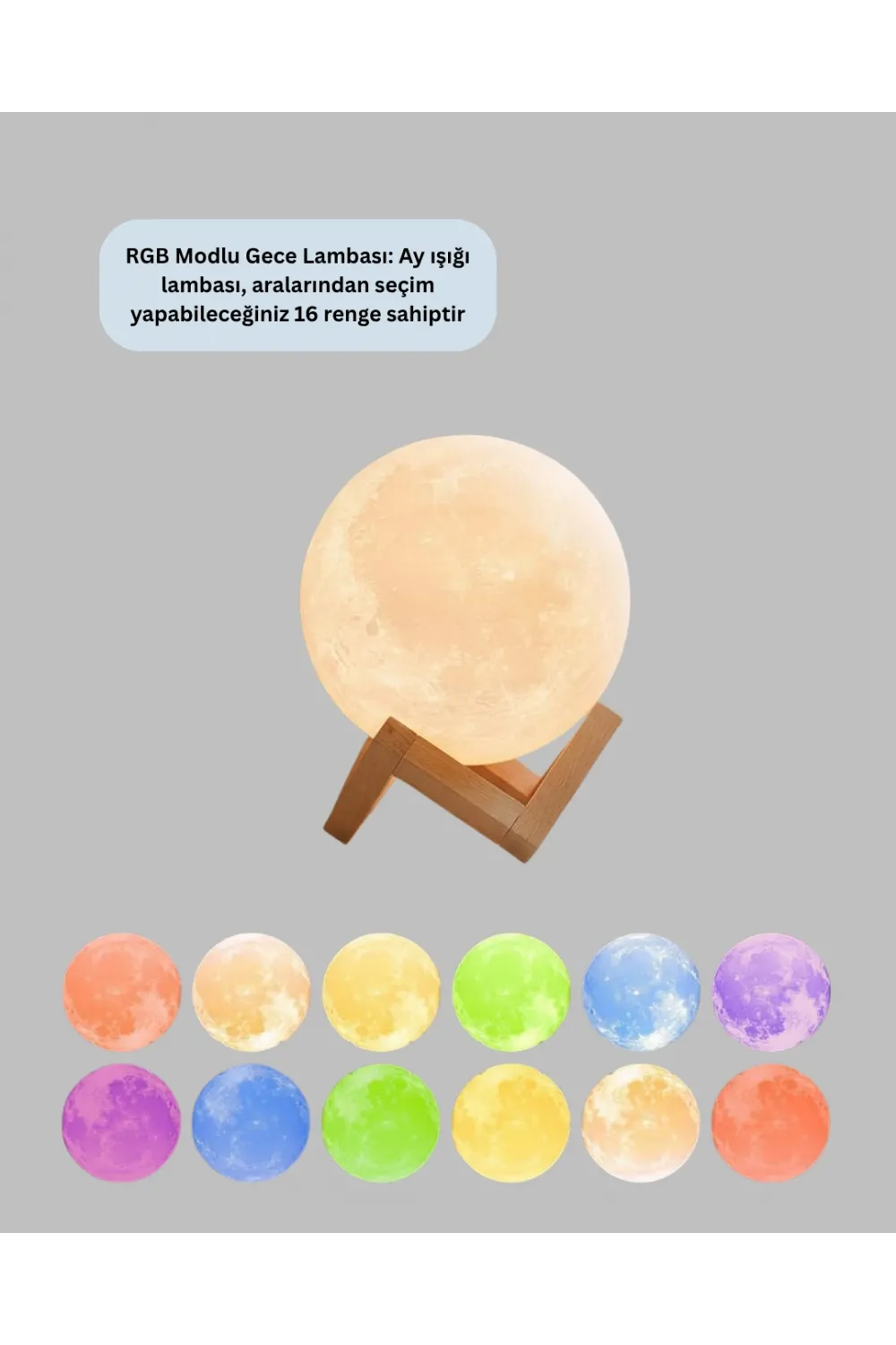16 Renkli 3d Baskılı Ay Lambası Ahşap Standlı