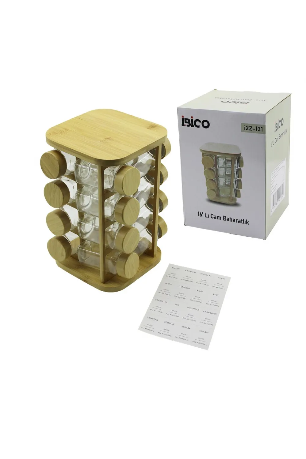 16pcs Kare - Döner Standlı Cam - Bambu Kapak Tuzluk - Baharatlık Bambu Stand