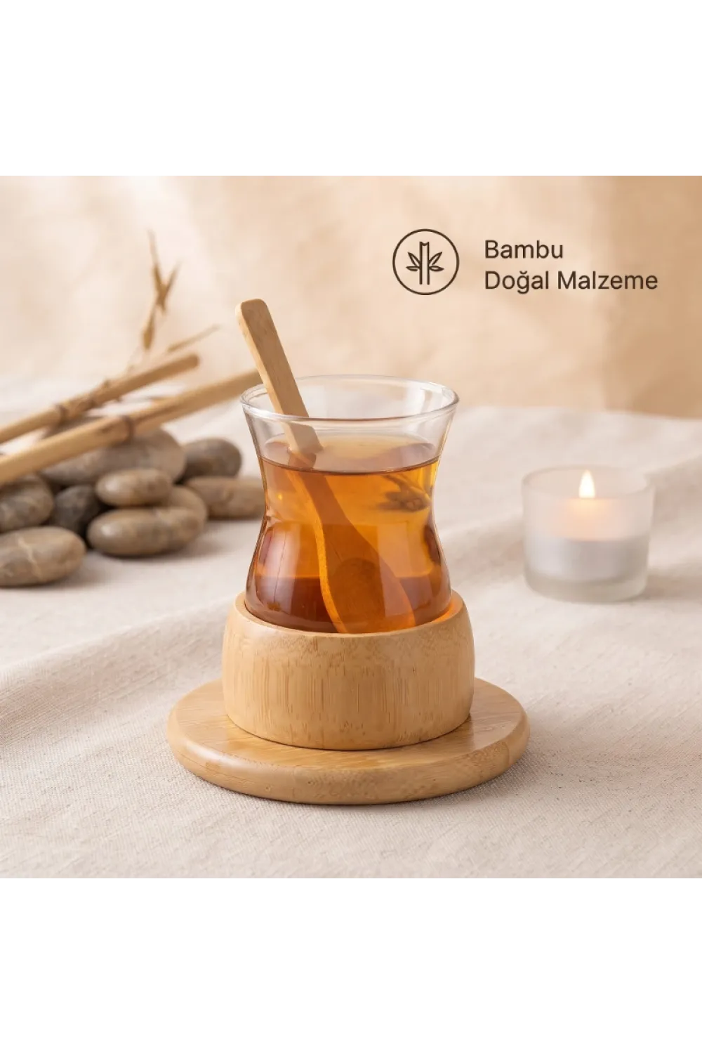18 Parça Bambu Çay Seti - 6 Çay Bardağı - Borosilikat Cam