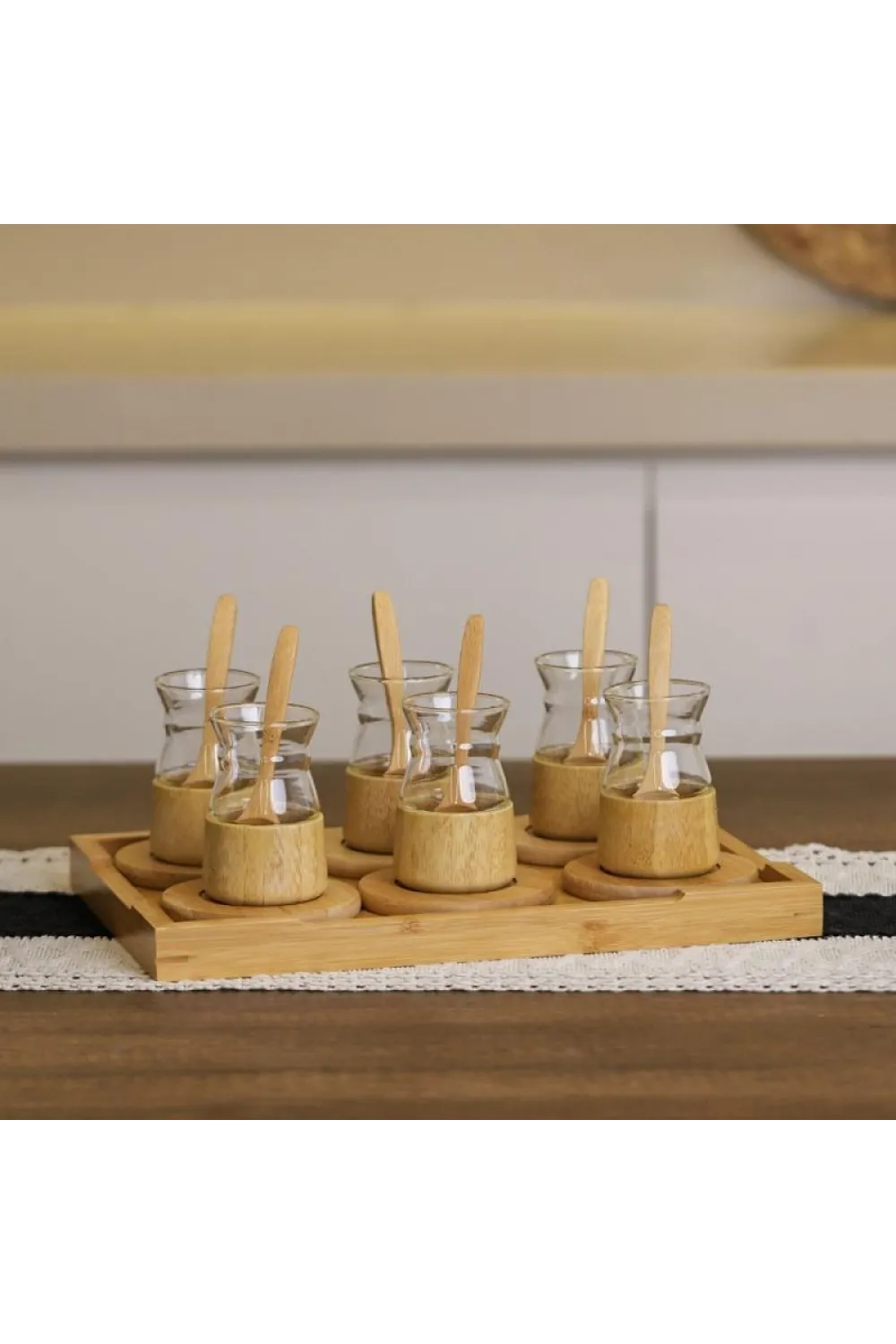 18 Parça Bambu Çay Seti - 6 Çay Bardağı - Borosilikat Cam