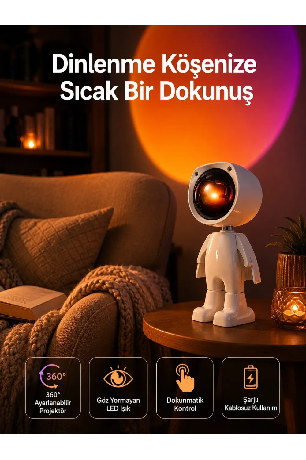 180 Derece Dönebilen Astronot Masa Ve Gece Lambası Projektör