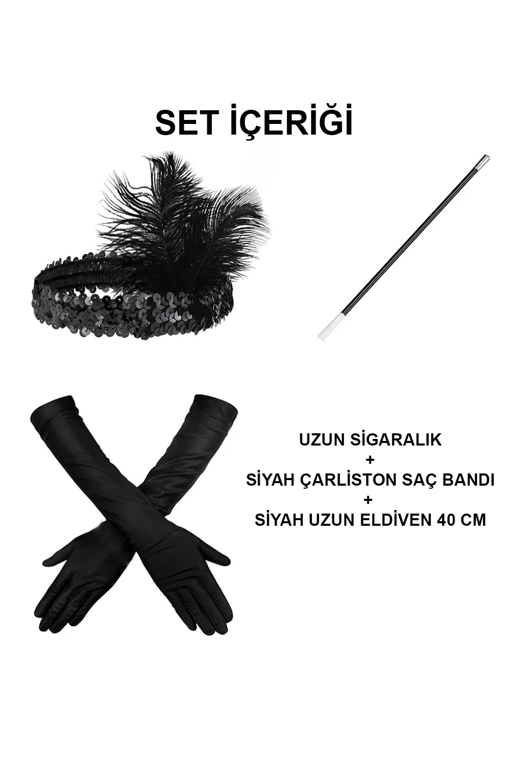 1920'ler Gatsby Aksesuar Seti – Siyah Charleston Saç Bandı, Uzun Eldiven & Sigaralık