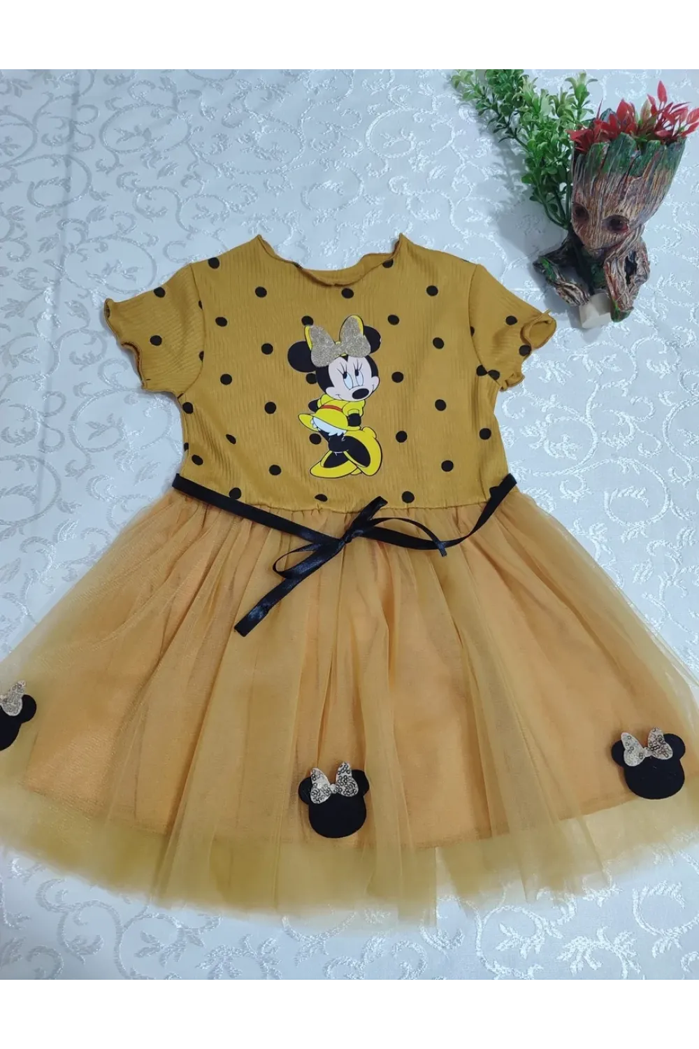 2-3-4 Yaş Puantiyeli Mickey Baskılı Kurdela Kuşaklı Astarlı Kız Bebek Tütü Elbisesi