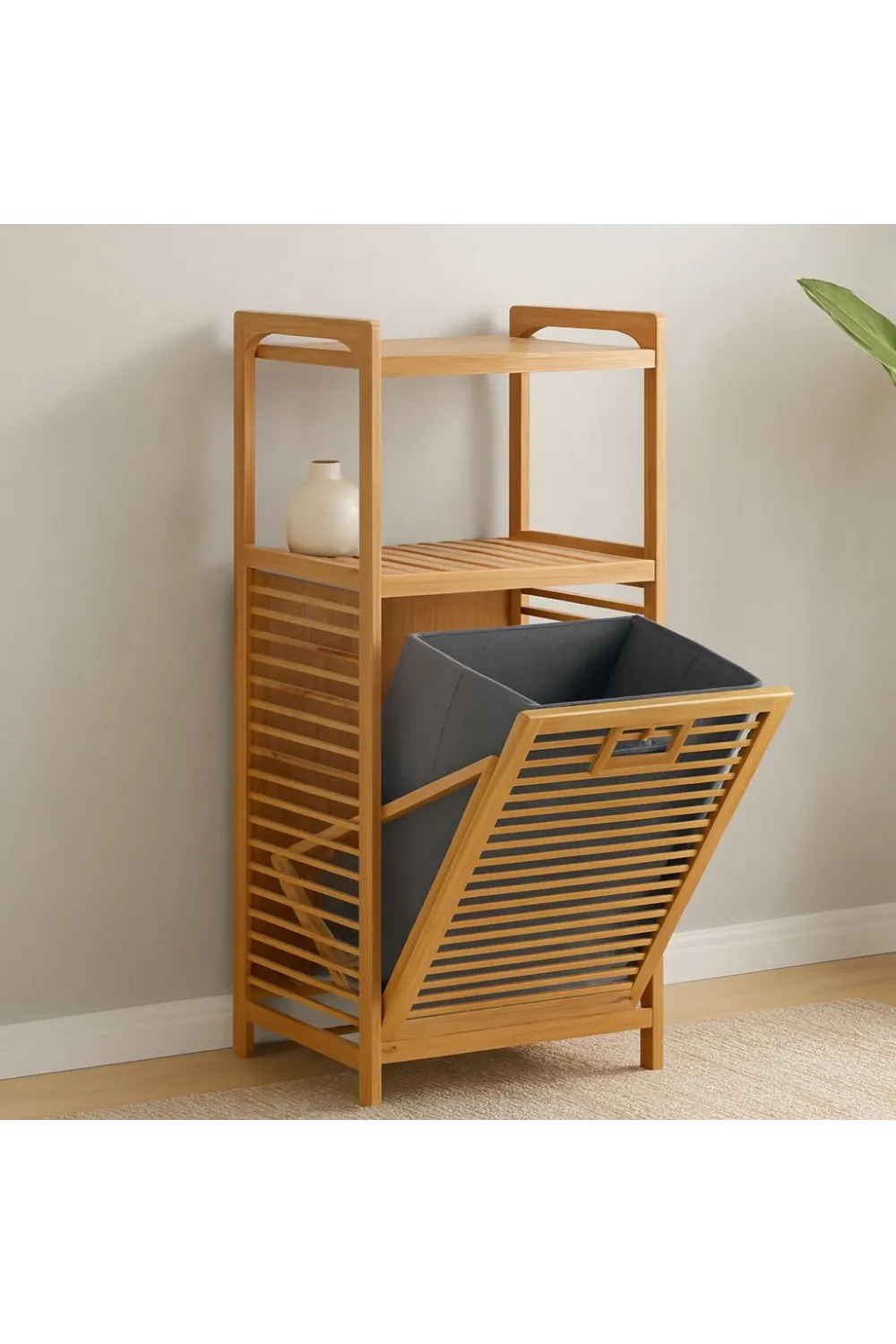2 Katlı Bambu Çamaşır Sepeti Önden Çek-Aç Organizer 40x35x95 cm