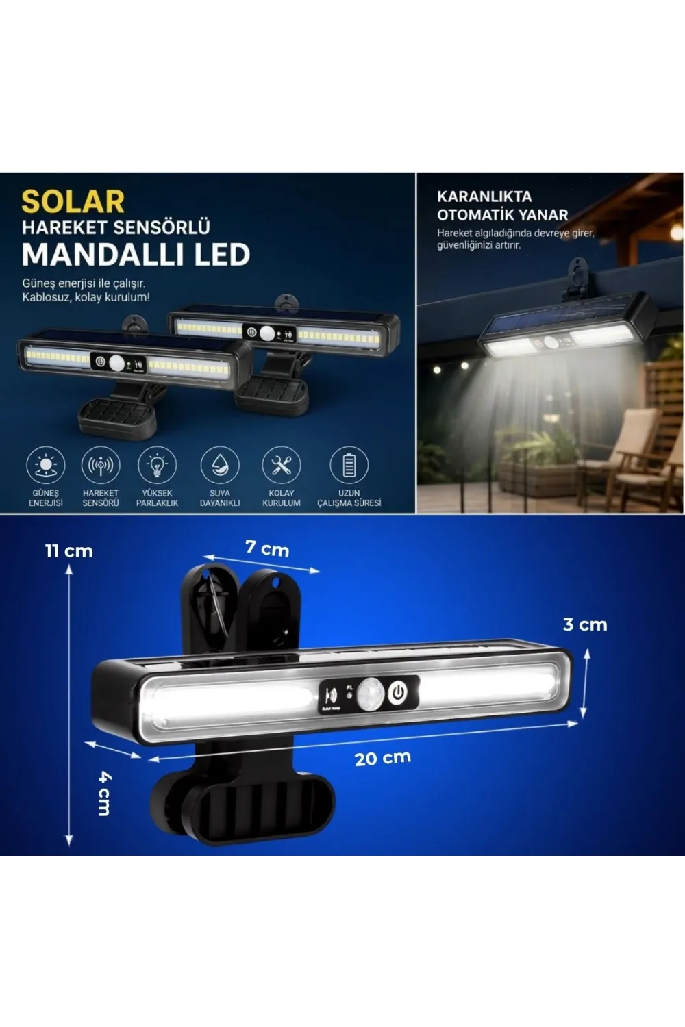 2li Mandallı LED Solar Lamba - 36 LED - Hareket Sensörlü - 3 Modlu