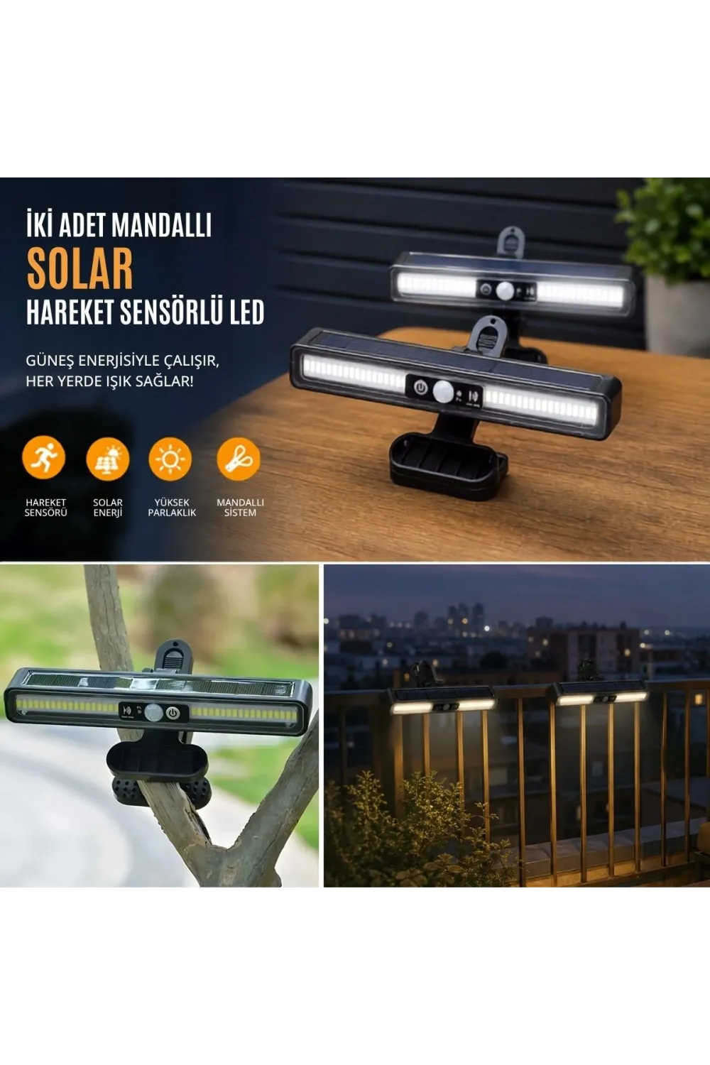 2li Mandallı LED Solar Lamba - 36 LED - Hareket Sensörlü - 3 Modlu