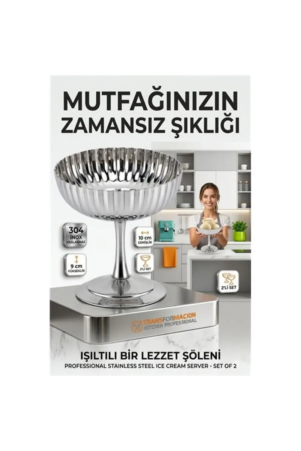2li Profesyonel İnox Gümüş Paslanmaz Çelik Ayaklı Dondurma ve Tatlı Sunum Kasesi Seti 723148