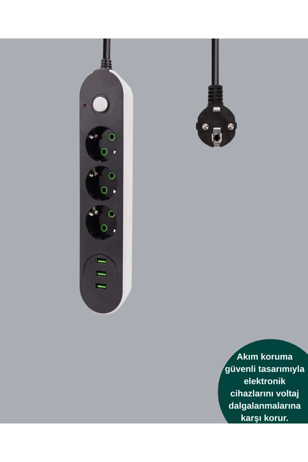 2 Metre Kablolu 3 Usb Portlu Anahtarlı Üçlü Priz