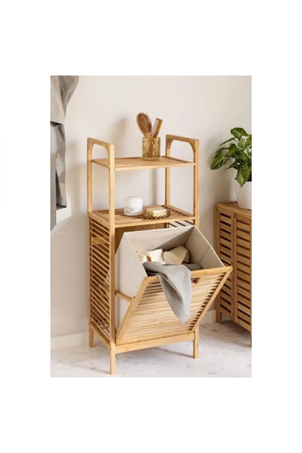 2 Organizer Raflı Ahşap Bambu Çek-Aç Kirli Sepeti