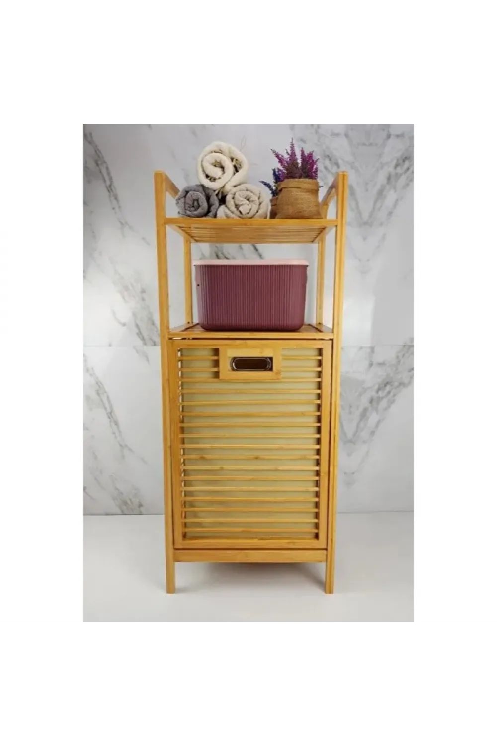 2 Organizer Raflı Ahşap Bambu Çek-Aç Kirli Sepeti