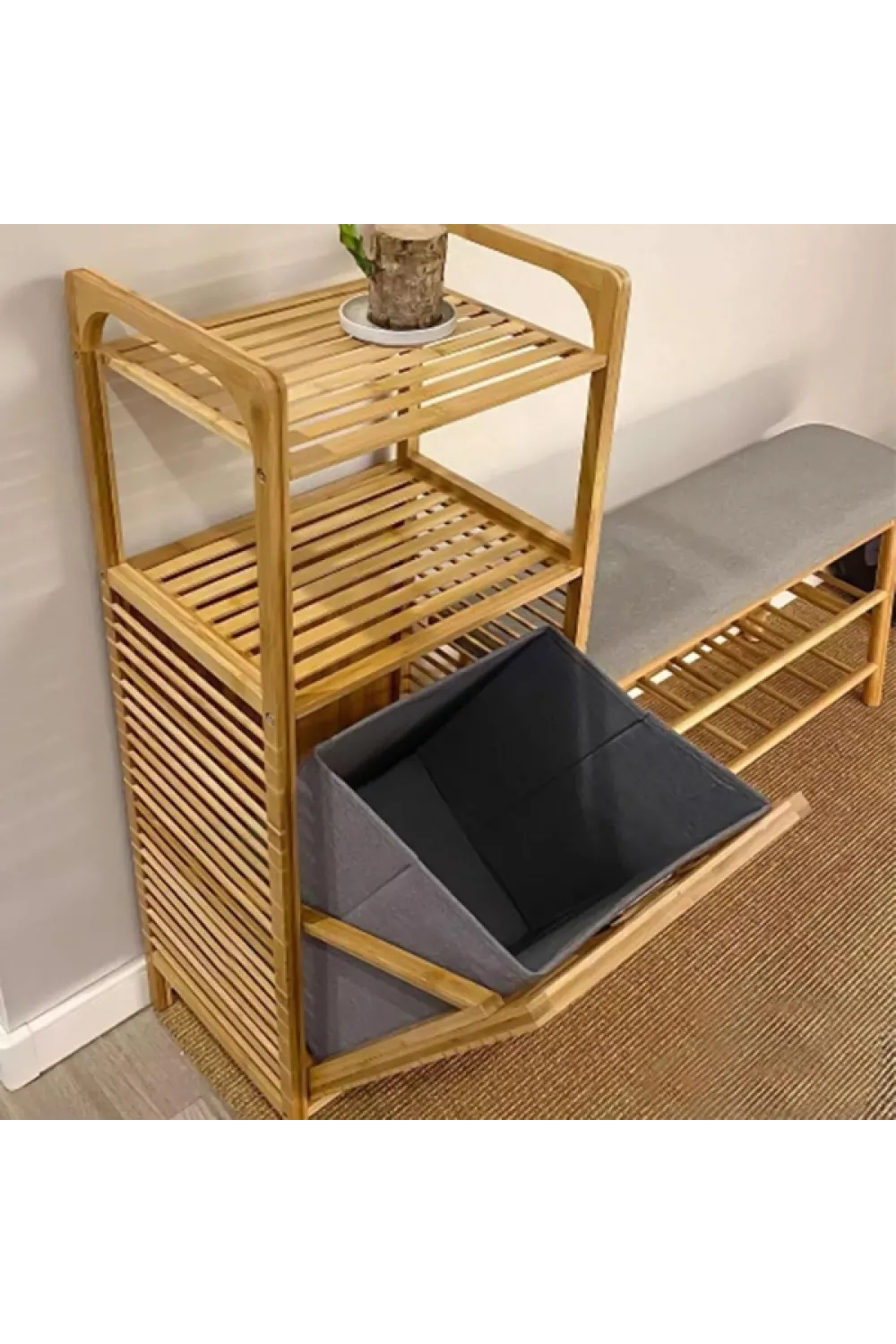 2 Organizer Raflı Ahşap Bambu Çek-Aç Kirli Sepeti