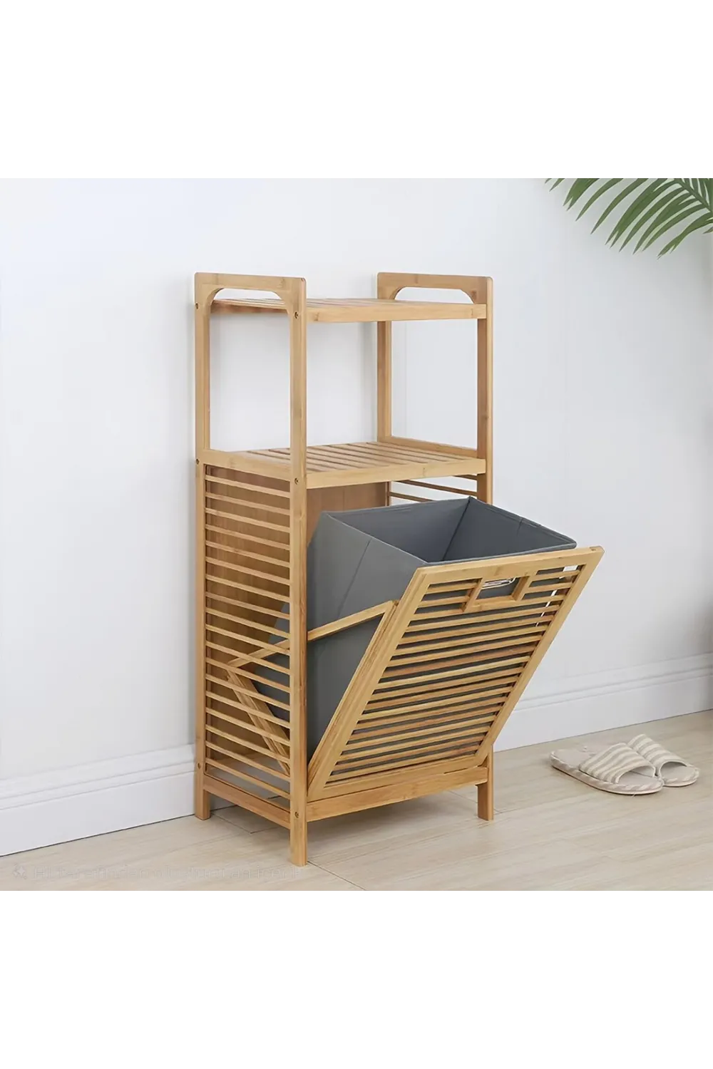 2 Organizer Raflı - Çek Aç Sepet Ahşap Bambu Kirli Çamaşır Sepet 40x35x95cm