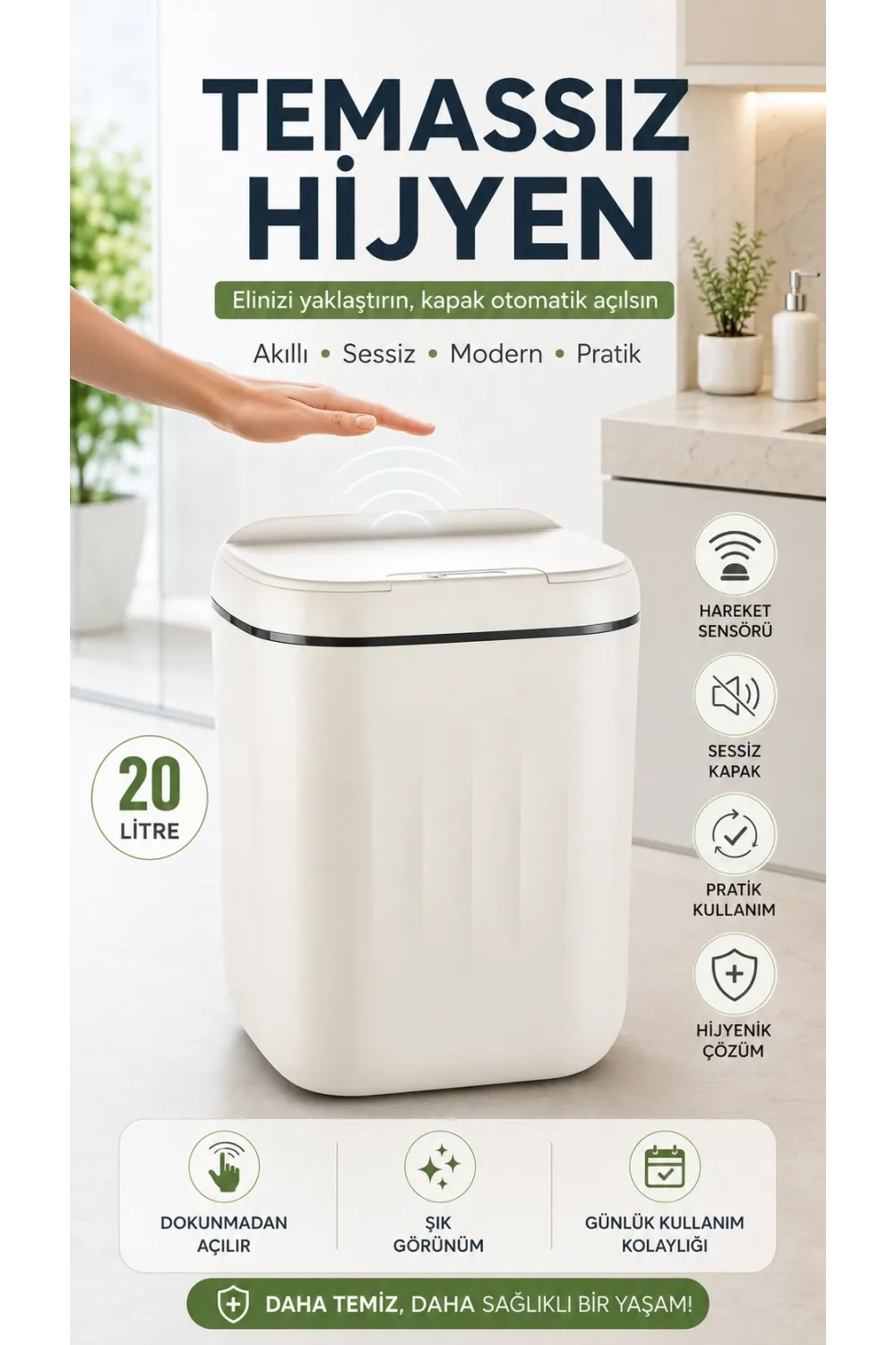 20 Litre Büyük Çöp Kovası Sensörlü Hareket Algılayan