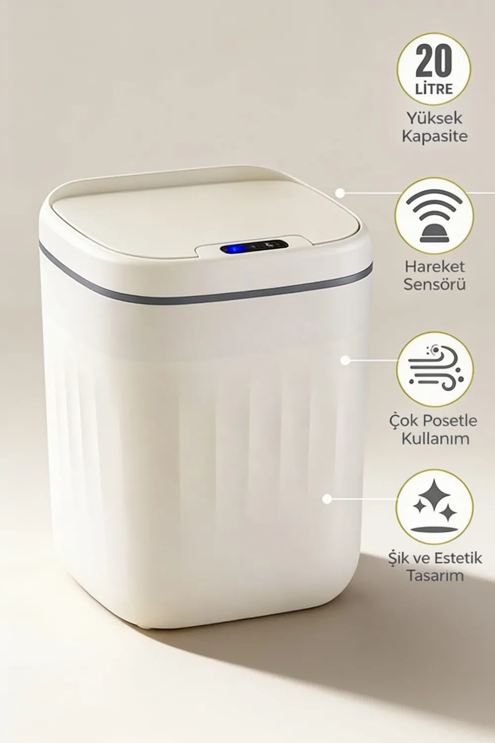 20 Litre Hareket Sensörlü Akıllı Çöp Kovası Beyaz