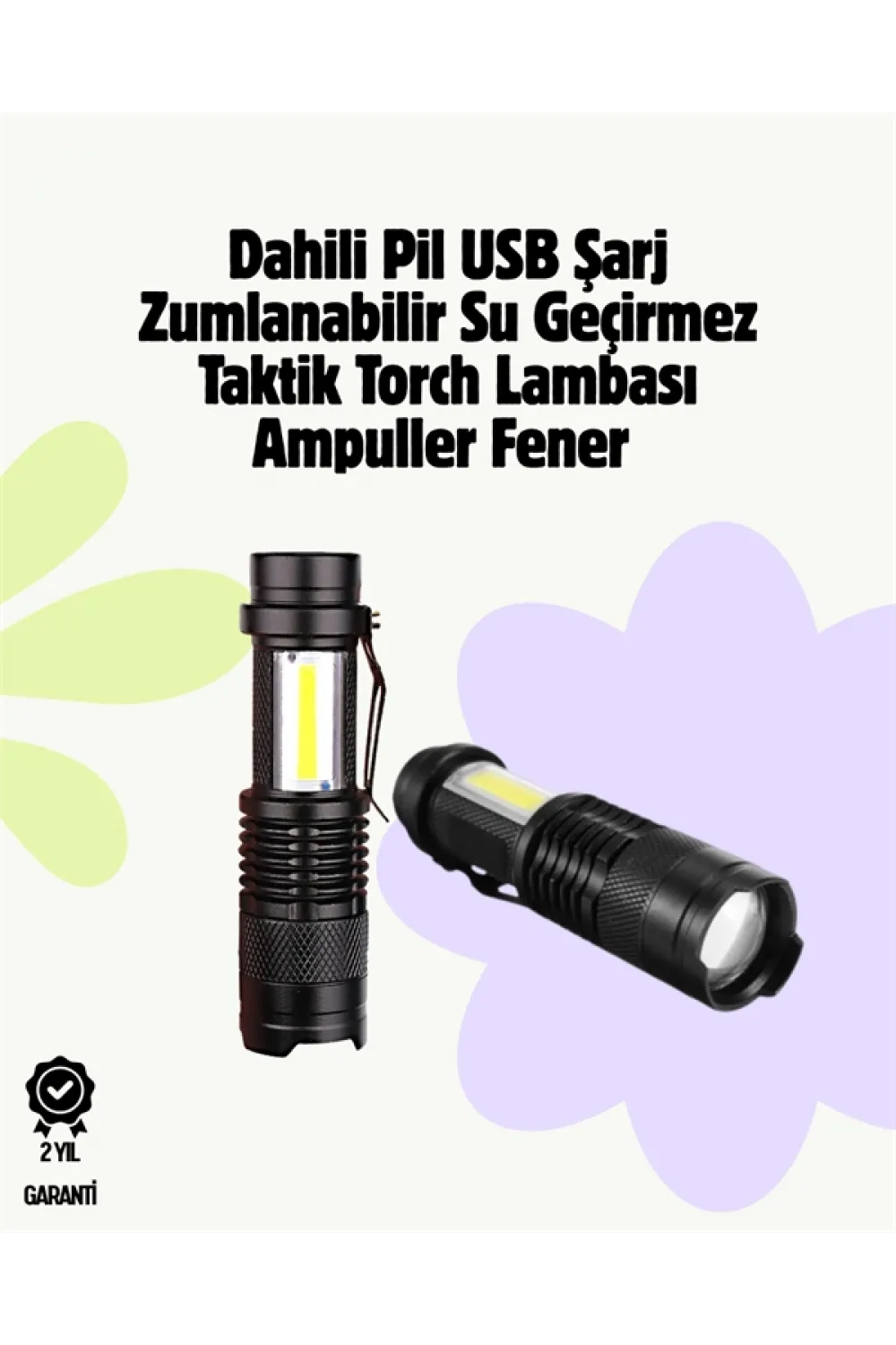 2000 Lümen Led El Feneri - Suya Dayanıklı, Odaklı, Klipsli