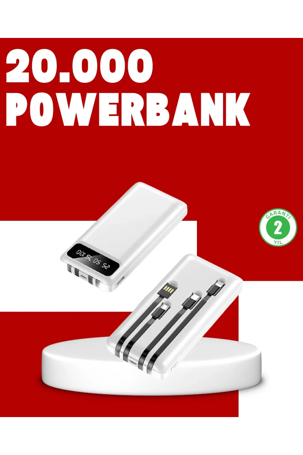 20.000mah Pd Powerbank Led Işık Lcd Ekran Dahili Kablo Çoklu Giriş