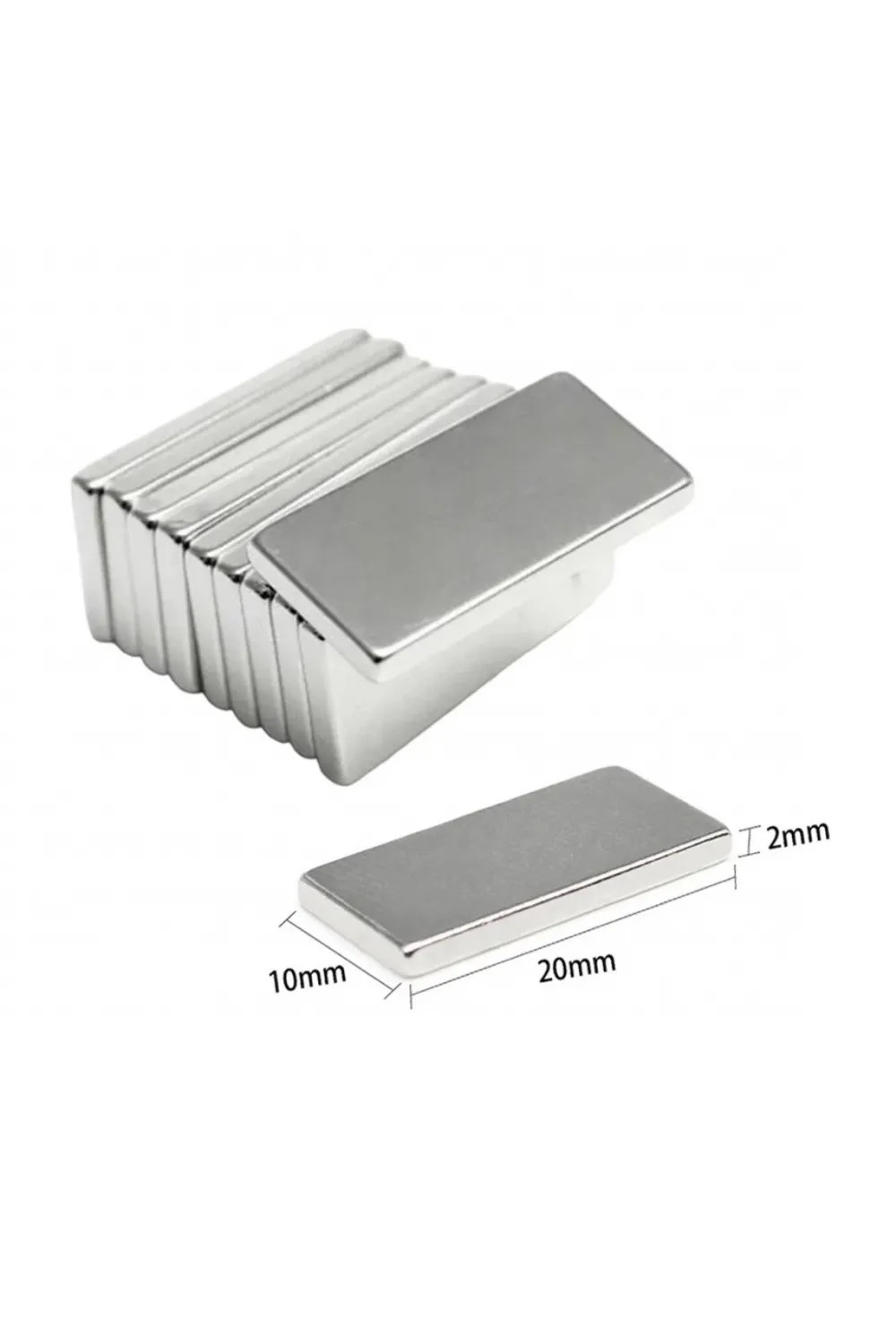 20×10×2 mm N35 Neodyum Mıknatıs – Köşeli, Nikel Kaplama (50’li Set)