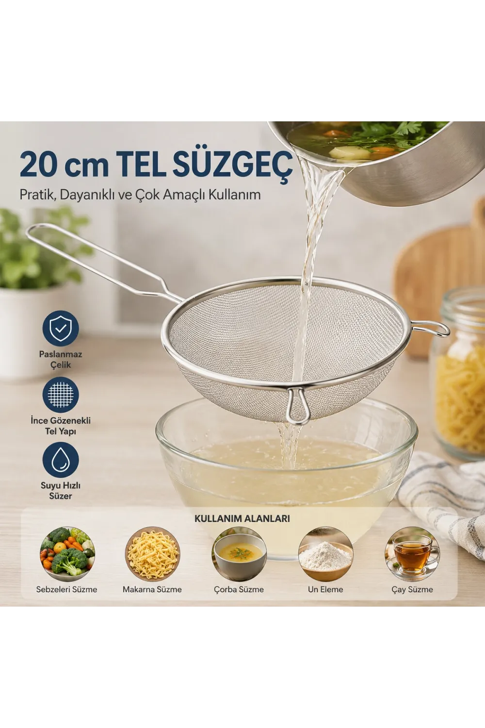 20cm Tel Süzgeç Metal Saplı Kulaklı