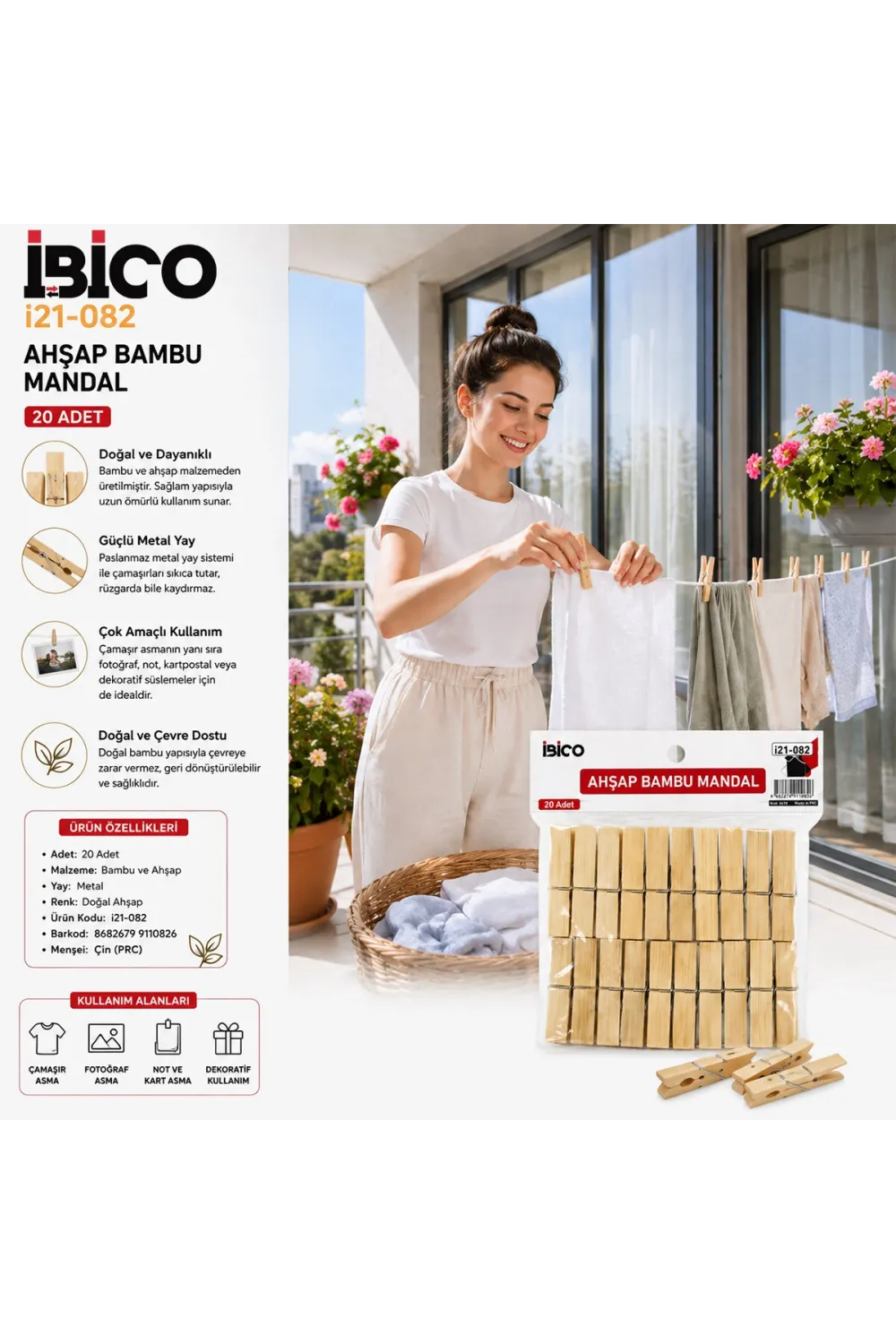 20PCS Ahşap Bambu Mandal