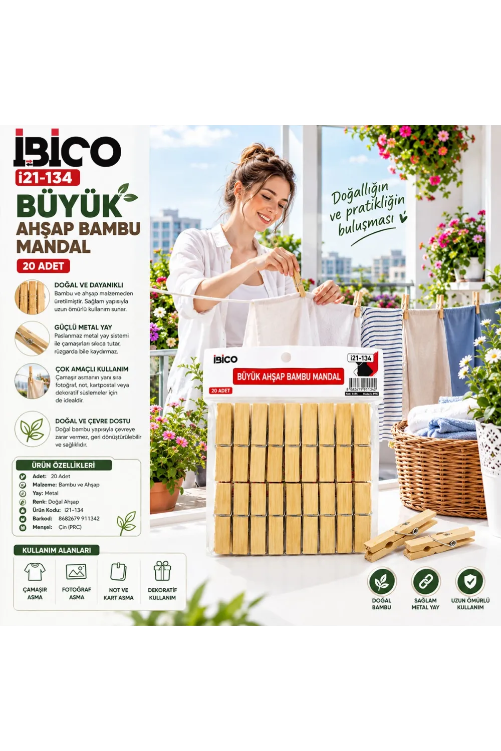 20pcs Büyük Ahşap Bambu Mandal