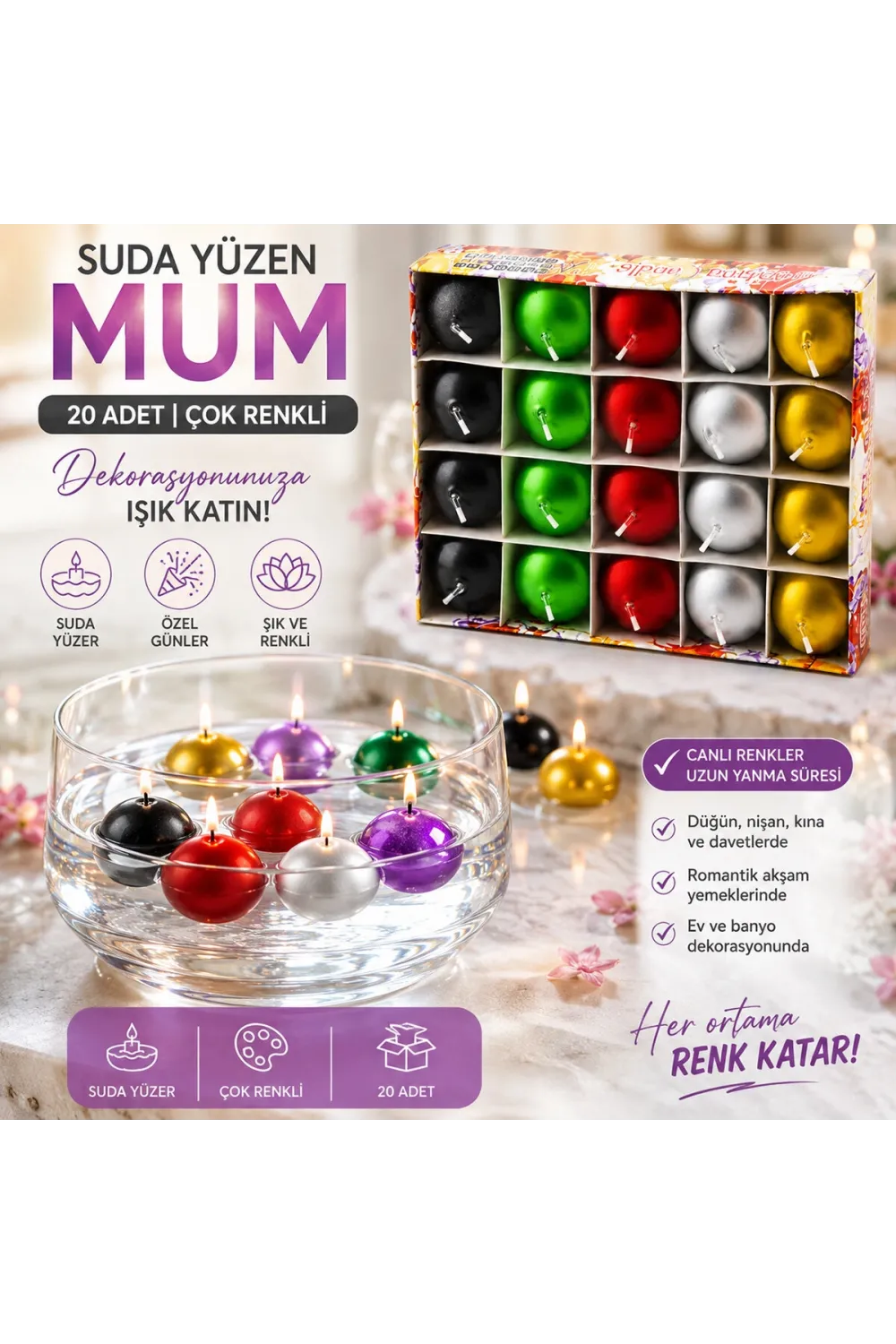 20pcs Suda Yüzen Mum Beyaz - Renkli