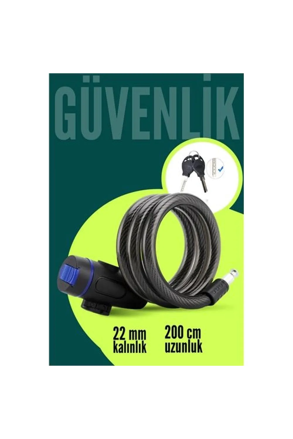 22mm Çelik Halatlı Bisiklet Kilidi - 200cm Anahtarlı Scoooter Motosiklet Kilidi 722487