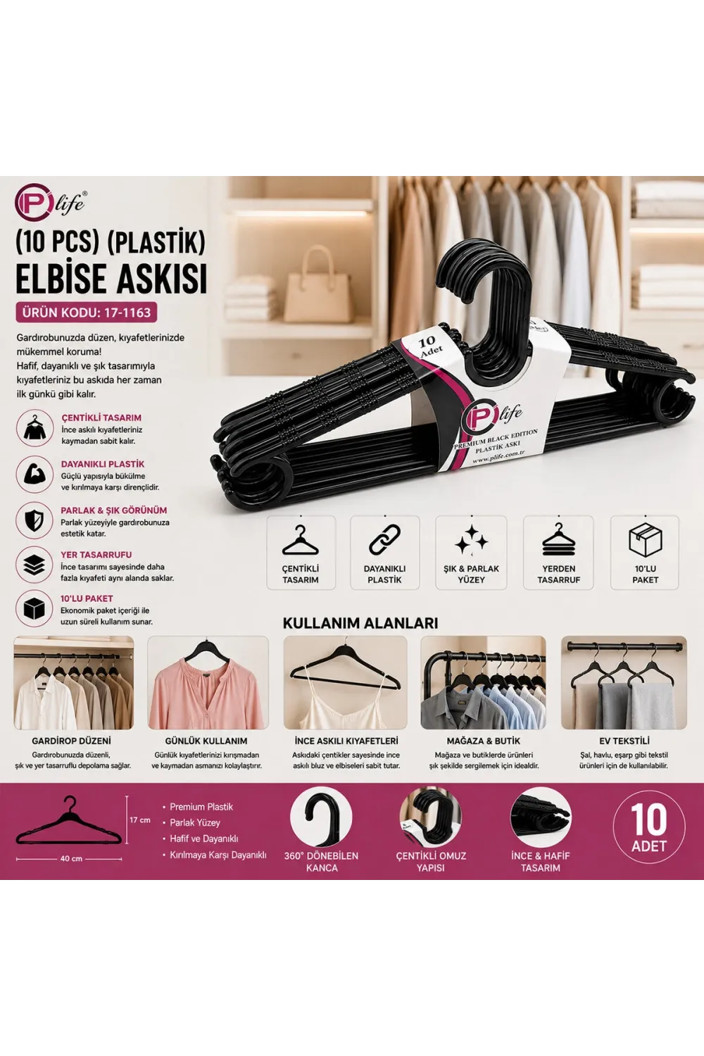240 Adet Siyah Elbise Askısı Plastik 24x10pcs