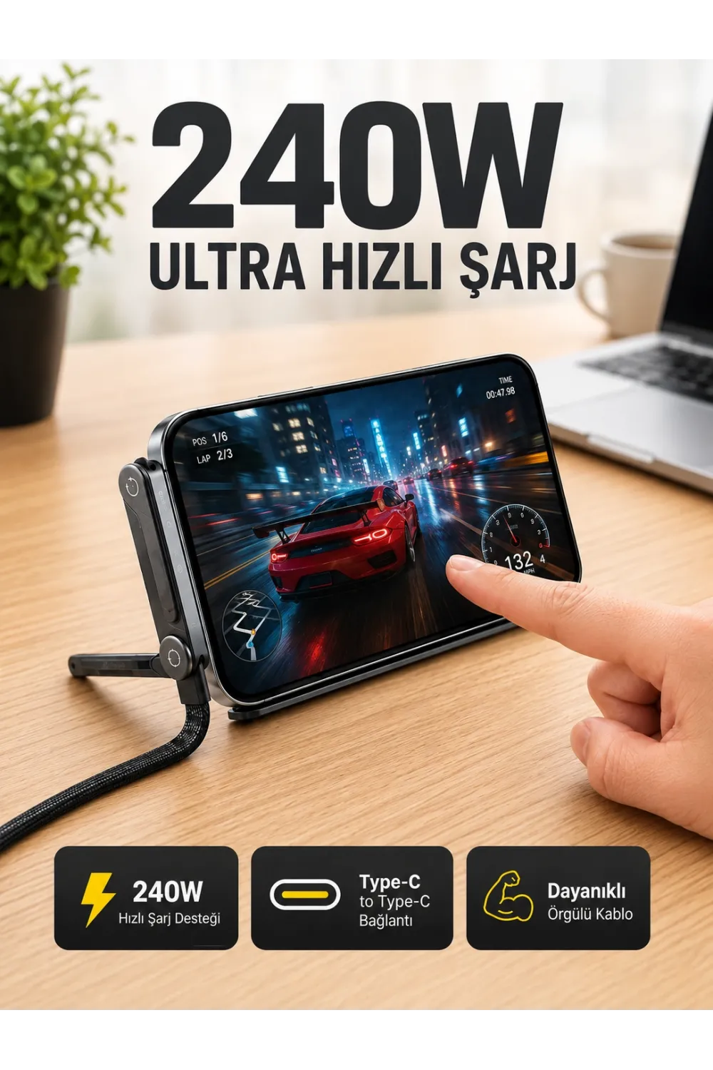 240w Type-c Telefon Standlı Örgülü Şarj Ve Data Kablosu