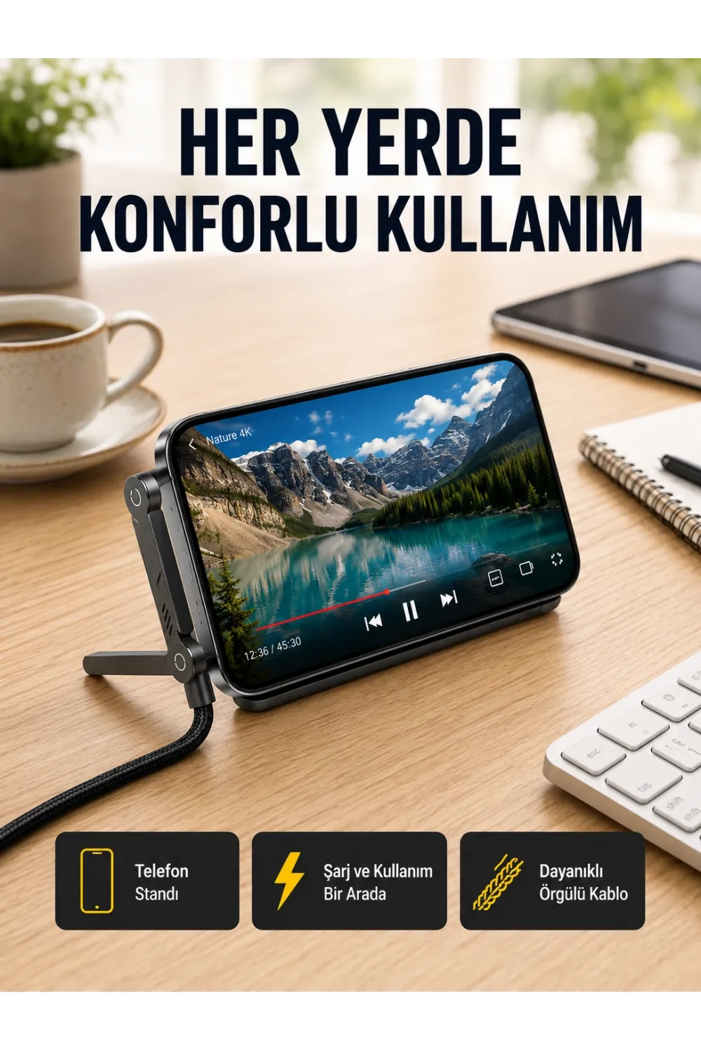 240w Type-c To Type-c Katlanabilir Standlı Hızlı Şarj Kablosu