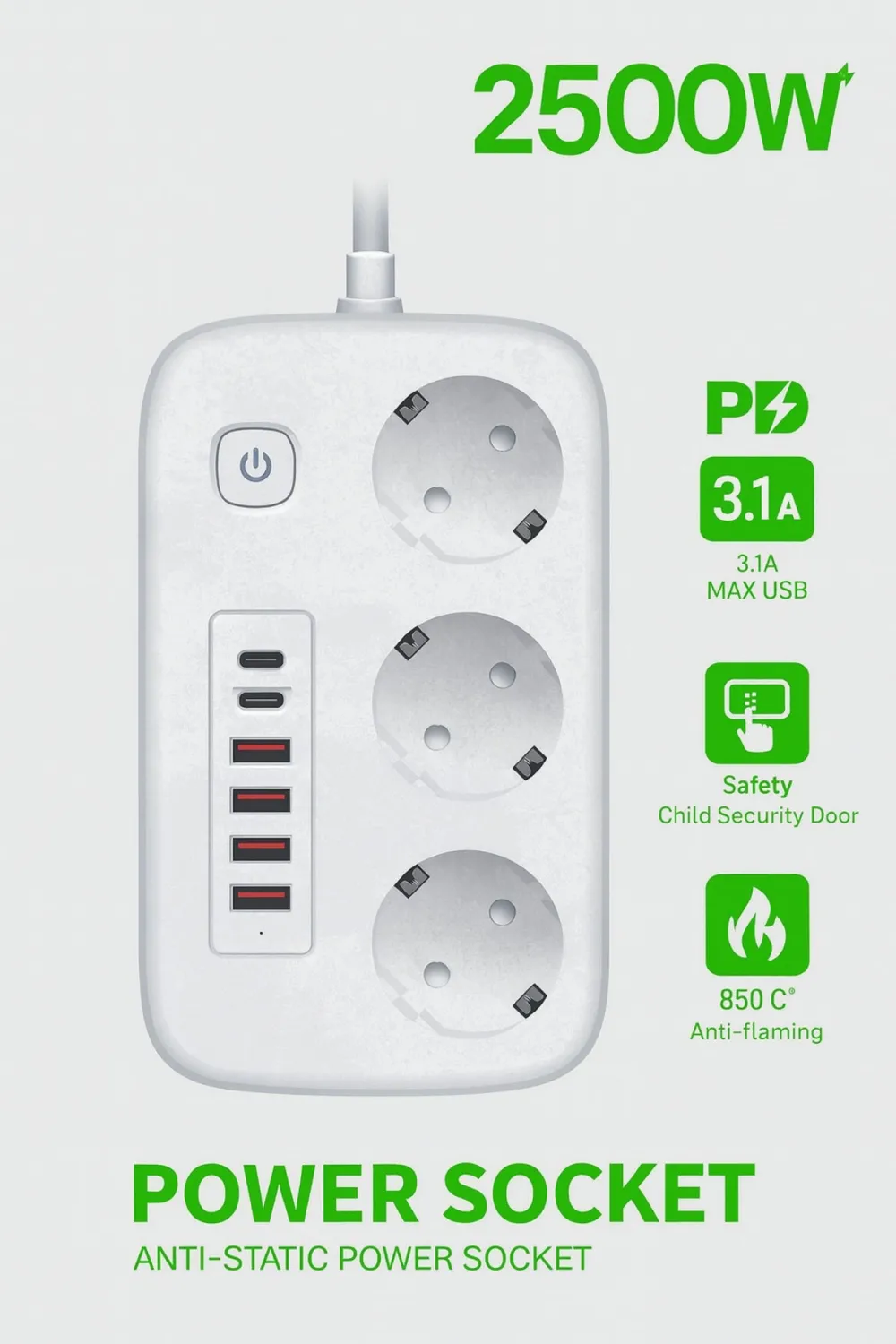 2500W Çoklu Priz 2 METRE – 3’lü AC Priz +5 USB Çıkışı AKIM KORUMALI Alev Almayan Gövde,
