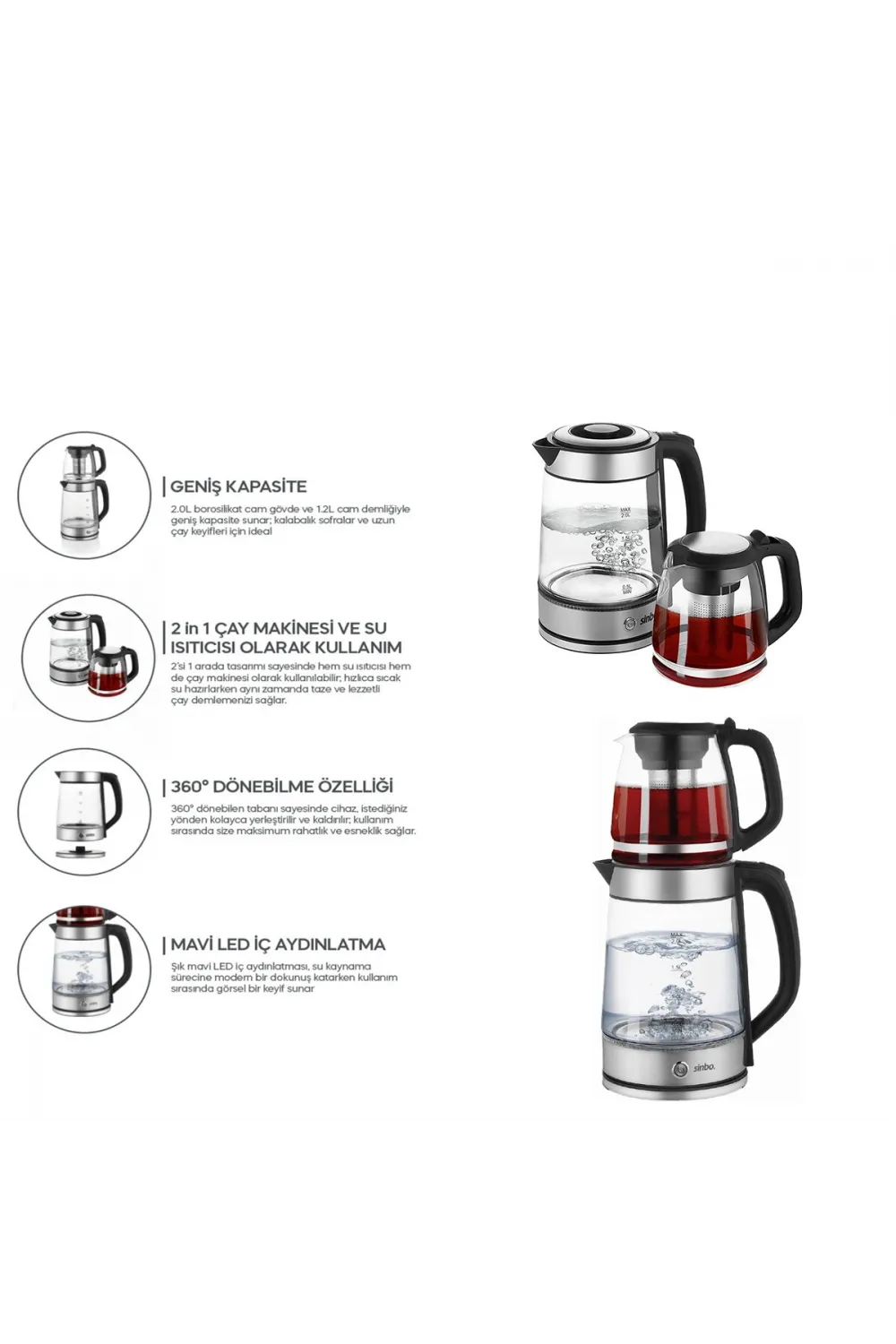 2in1= Çaycı - Kettle Çelik Elektrikli Çay Makinesi 2lt + 1,2lt Çay Süzgeçli 360° Dönebilir Stm-5990