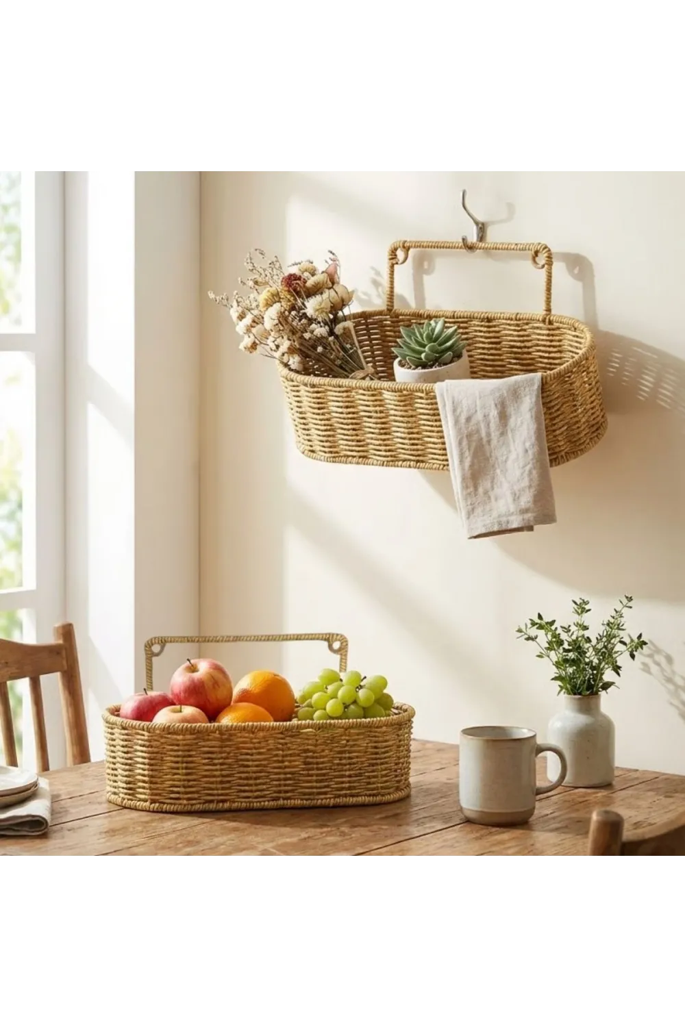 2’li Duvar Askılı Plastik Rattan Organizer – Oval Hasır Görünümlü Mutfak Raf Sepeti, Banyo Ve Ev İçi Düzenleme Ünitesi