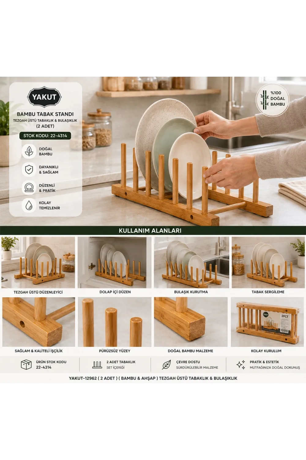2pcs Bambu - Ahşap Tezgah Üstü Tabaklık - Bulaşıklık