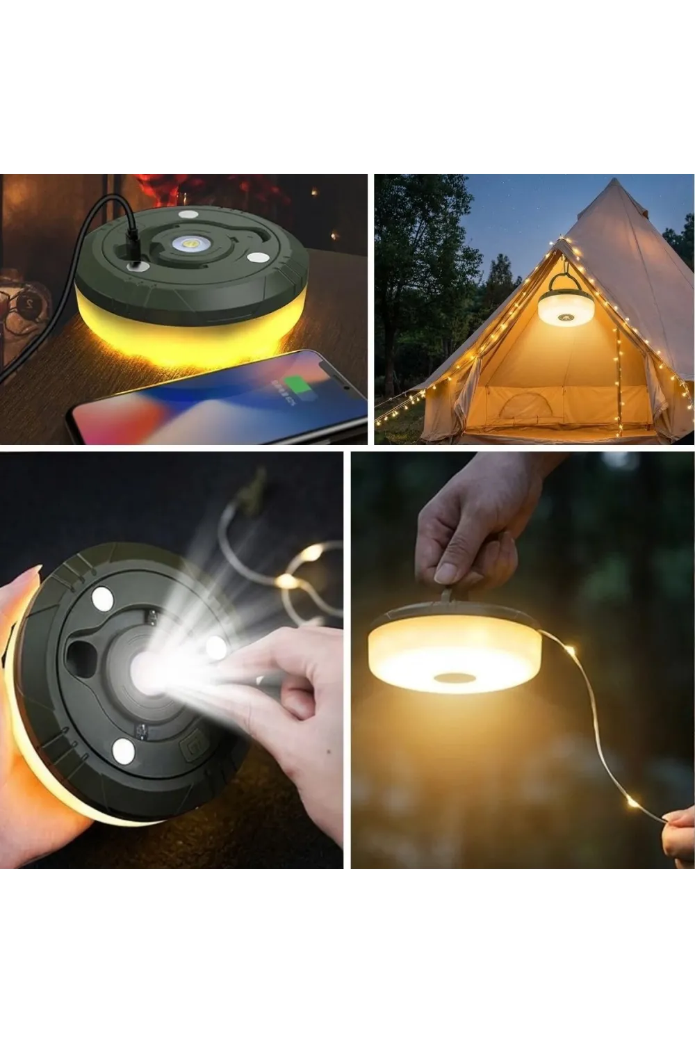 2’si 1 Arada 5 Farklı Işık Modlu Gün Işığı Şarjlı Kamp Lambası ve Makaralı 10 Metre Peri LED Işık – Su Geçirmez Mıknatıslı Aydınlatma Feneri