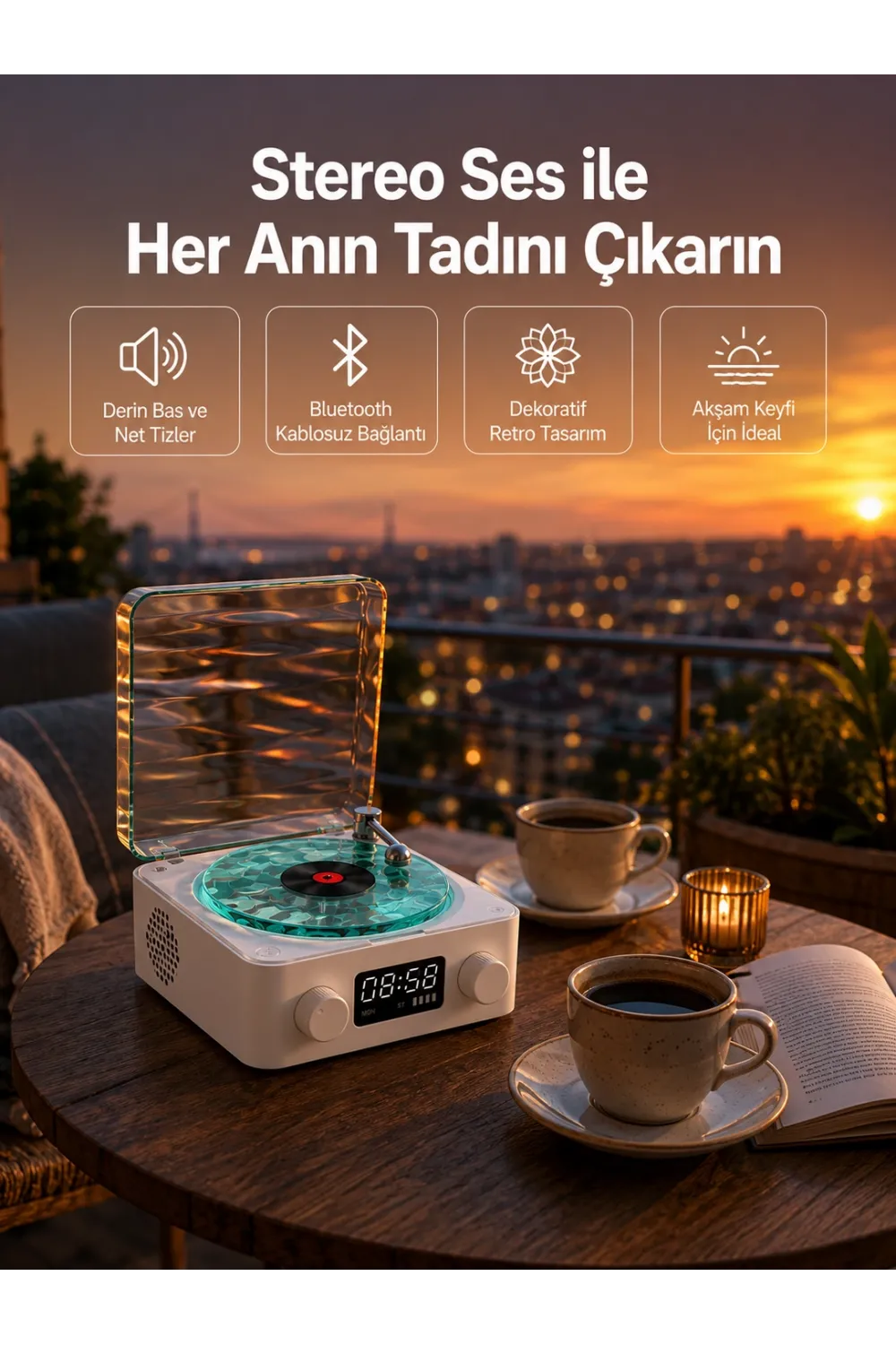 3-1 Kablosuz Bluetooth Hoparlör – Gece Lambalı, Saatli, Retro Tasarım