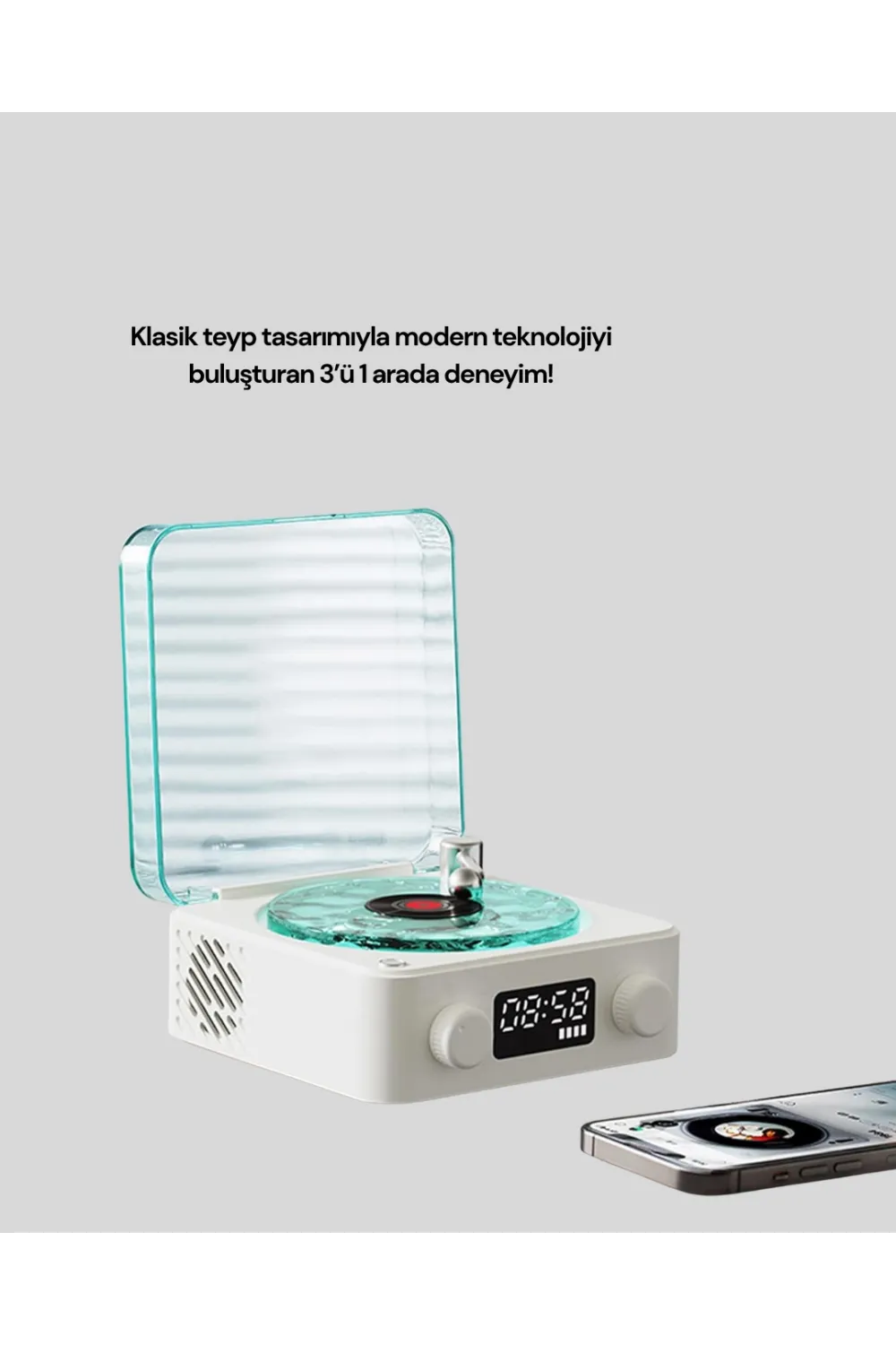 3-1 Kablosuz Bluetooth Hoparlör – Gece Lambalı, Saatli, Retro Tasarım