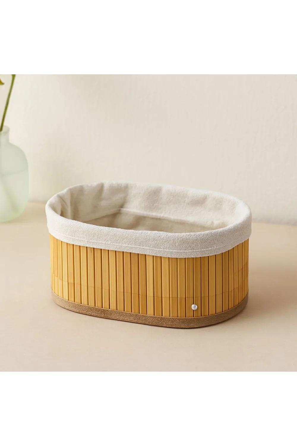 3 Boy Oval Organizer Sepet - Bambu Kenarlı, Ahşap Tabanlı, Bezli