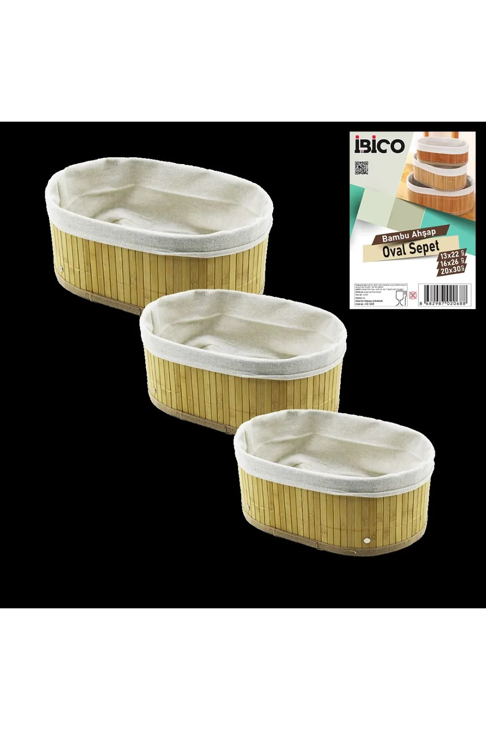3 Boy Oval Organizer Sepet - Bambu Kenarlı, Ahşap Tabanlı, Bezli