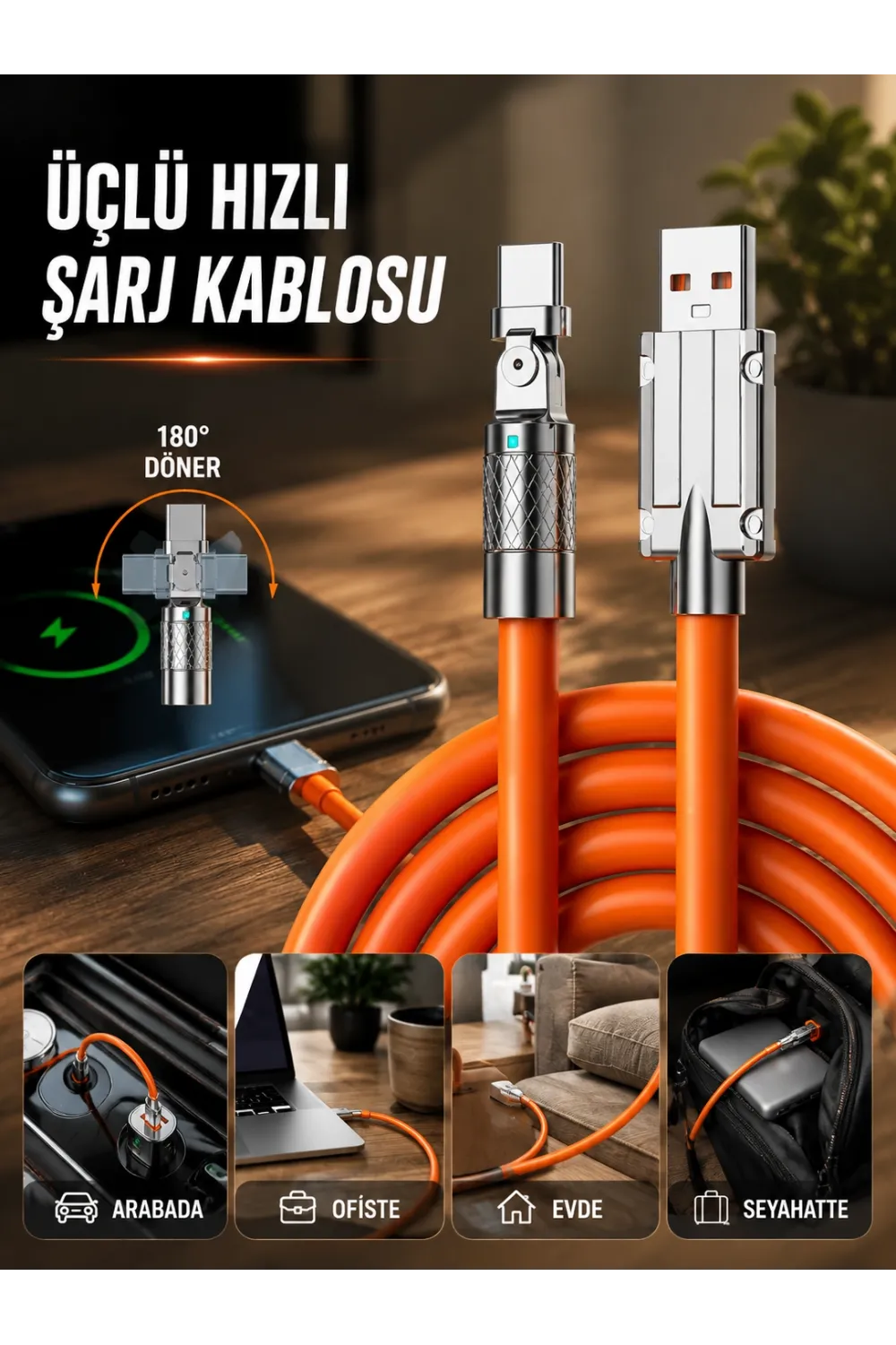 3 İn 1 Süper Hızlı Şarj Kablosu Android Ve İos Uyumlu Silikon Şarj Kablosu