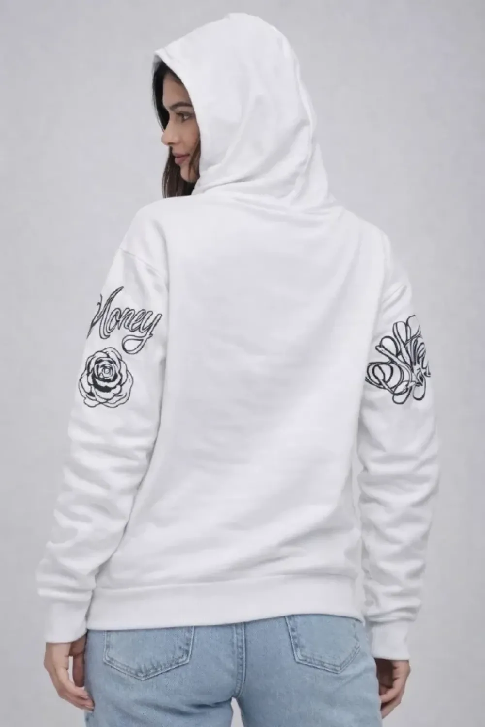 3 İplik Pamuklu Kapüşonlu Baskılı SweatShirt Hoodie - Beyaz