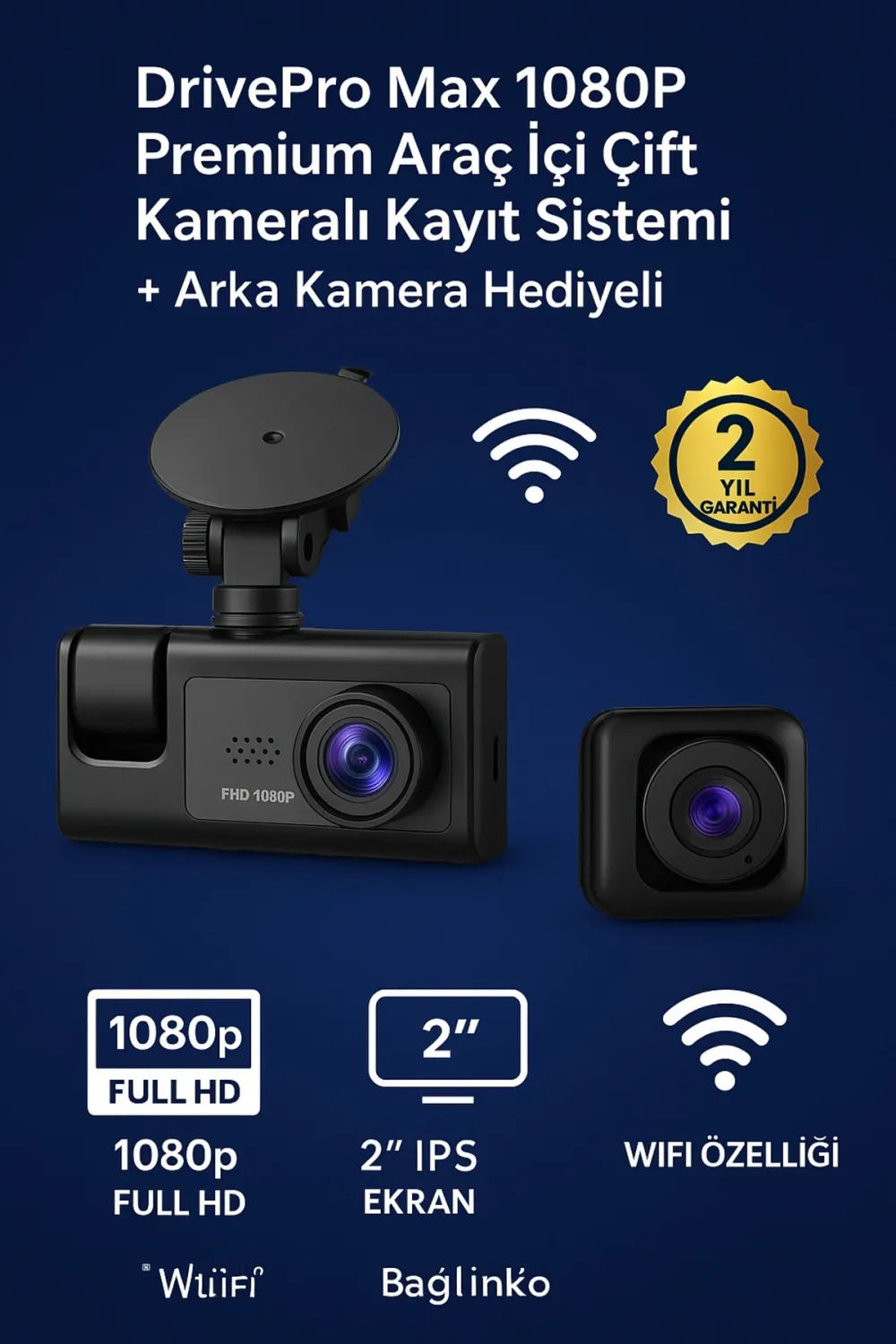 3 Kameralı 1080p Araç İçi Kamera Lcd Ekranlı Geri Görüş Destekli Gece Görüşlü G Sensörlü