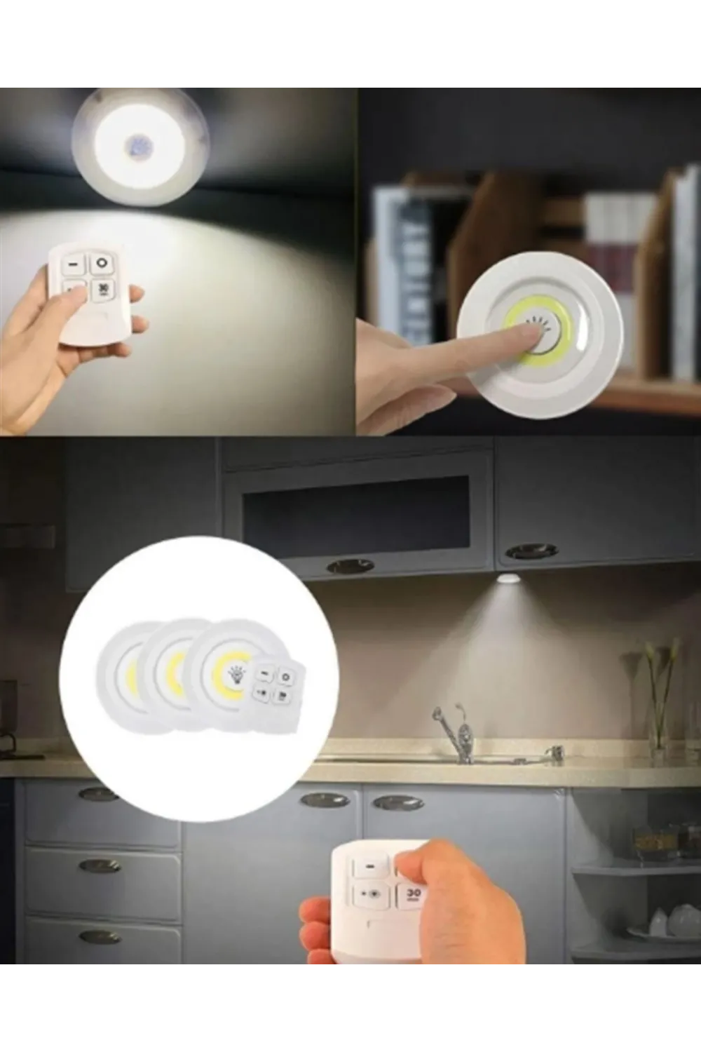 3 Lü Pilli Kablosuz Led Spot Lamba Seti Kumandalı Kolay Montaj Aydınlatma